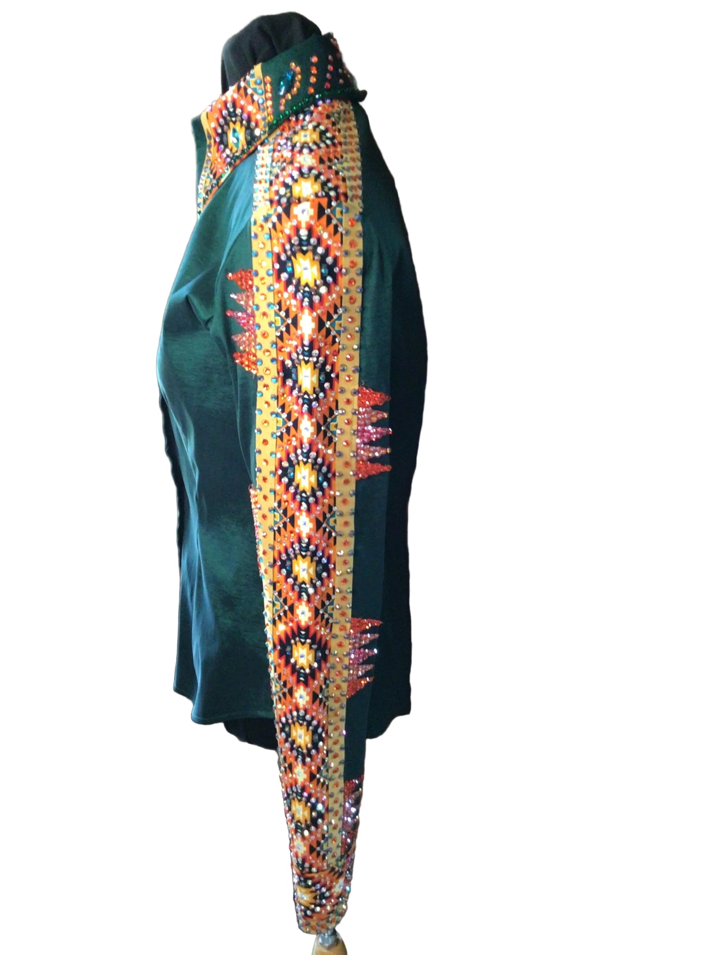 Medium Hunter Green Stretch Taffeta with Aztec Shoulder and Sleeves
