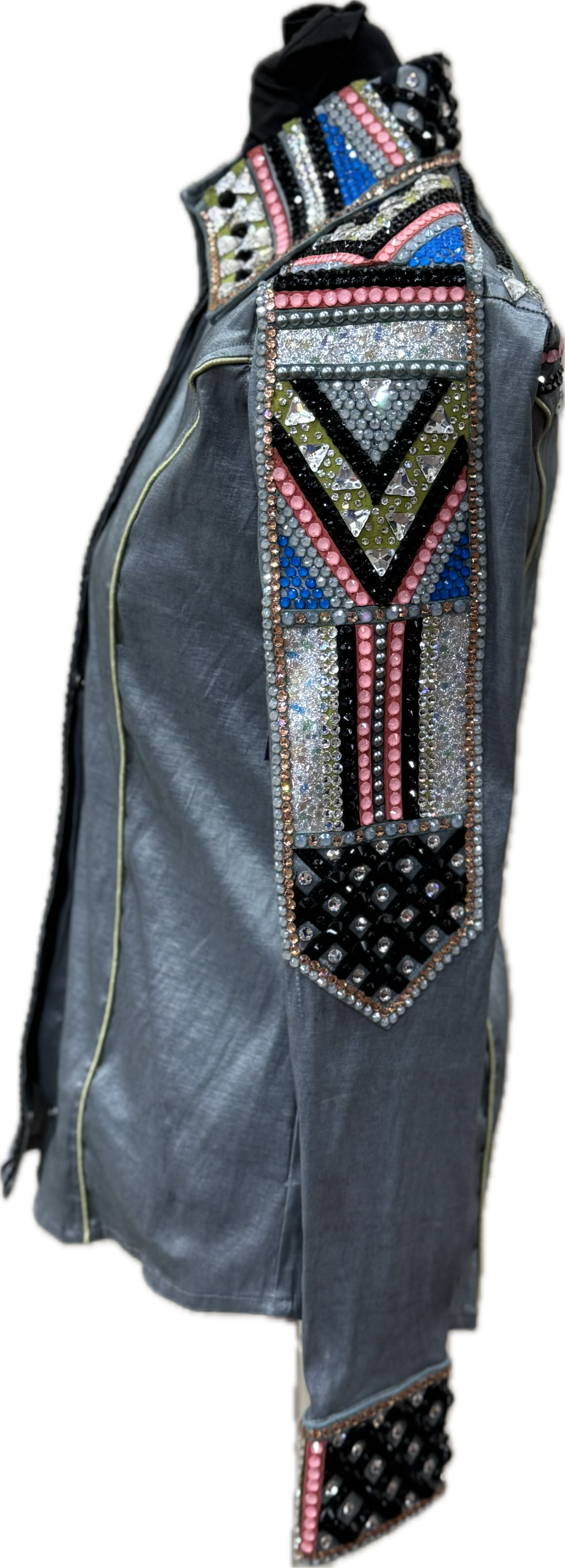 Size Small Light Grey Stretch Taffeta with Coral, Lime Green, Neon Blue and Black Accents