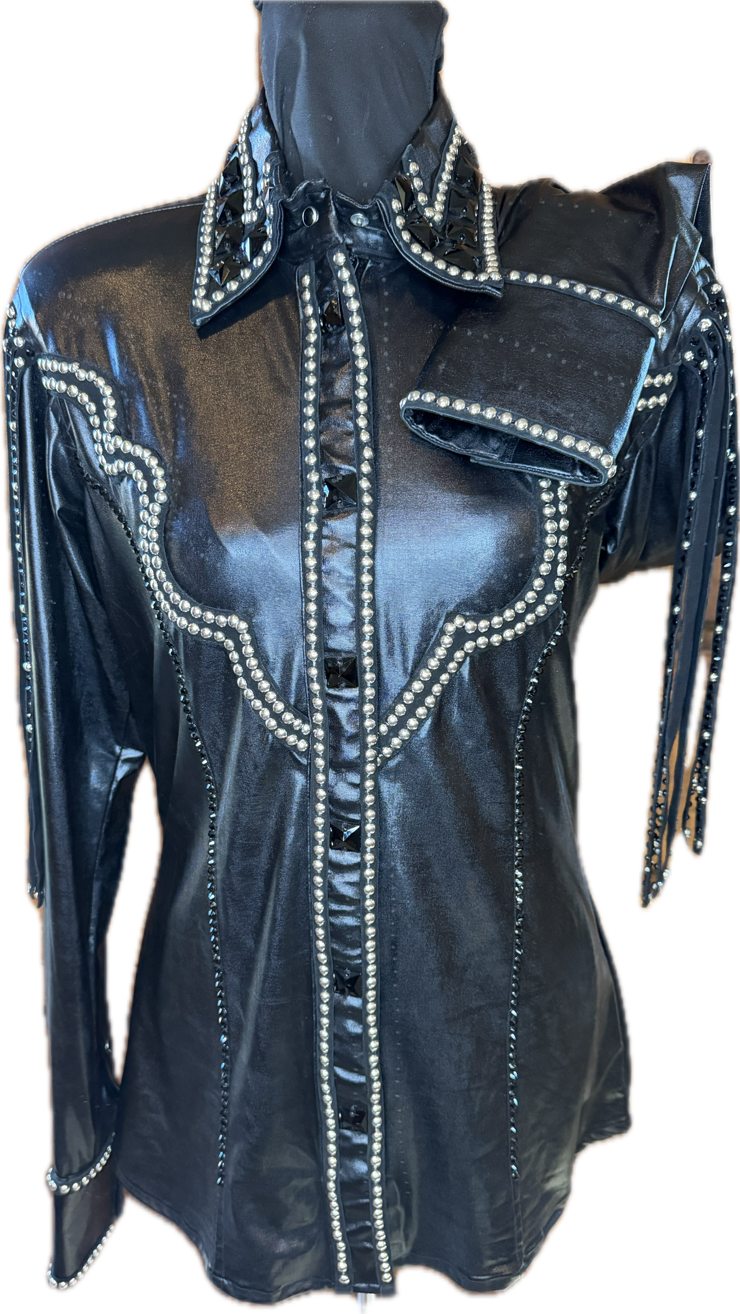 Medium Black Lycra Day Shirt with Shoulder Fringe with Silver and Black