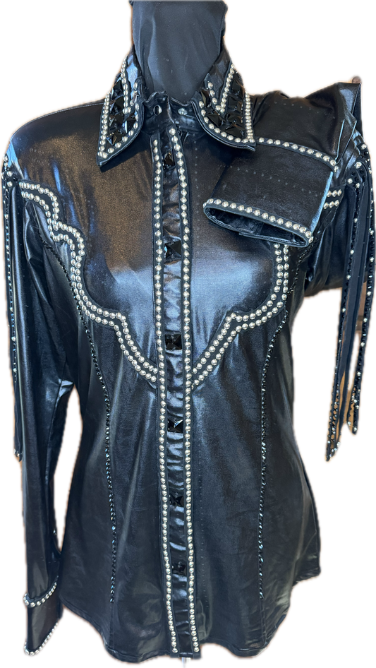 Medium Black Lycra Day Shirt with Shoulder Fringe with Silver and Black