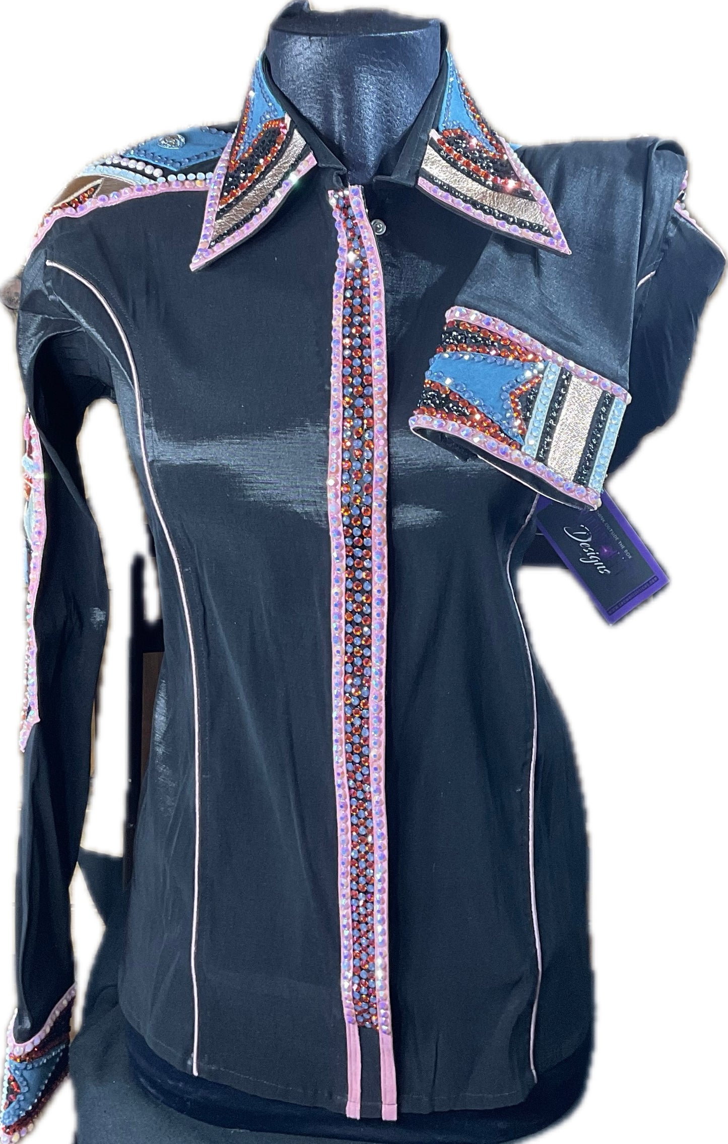 XL black stretch taffeta day shirt with light gold, rose gold, pink and blue accents