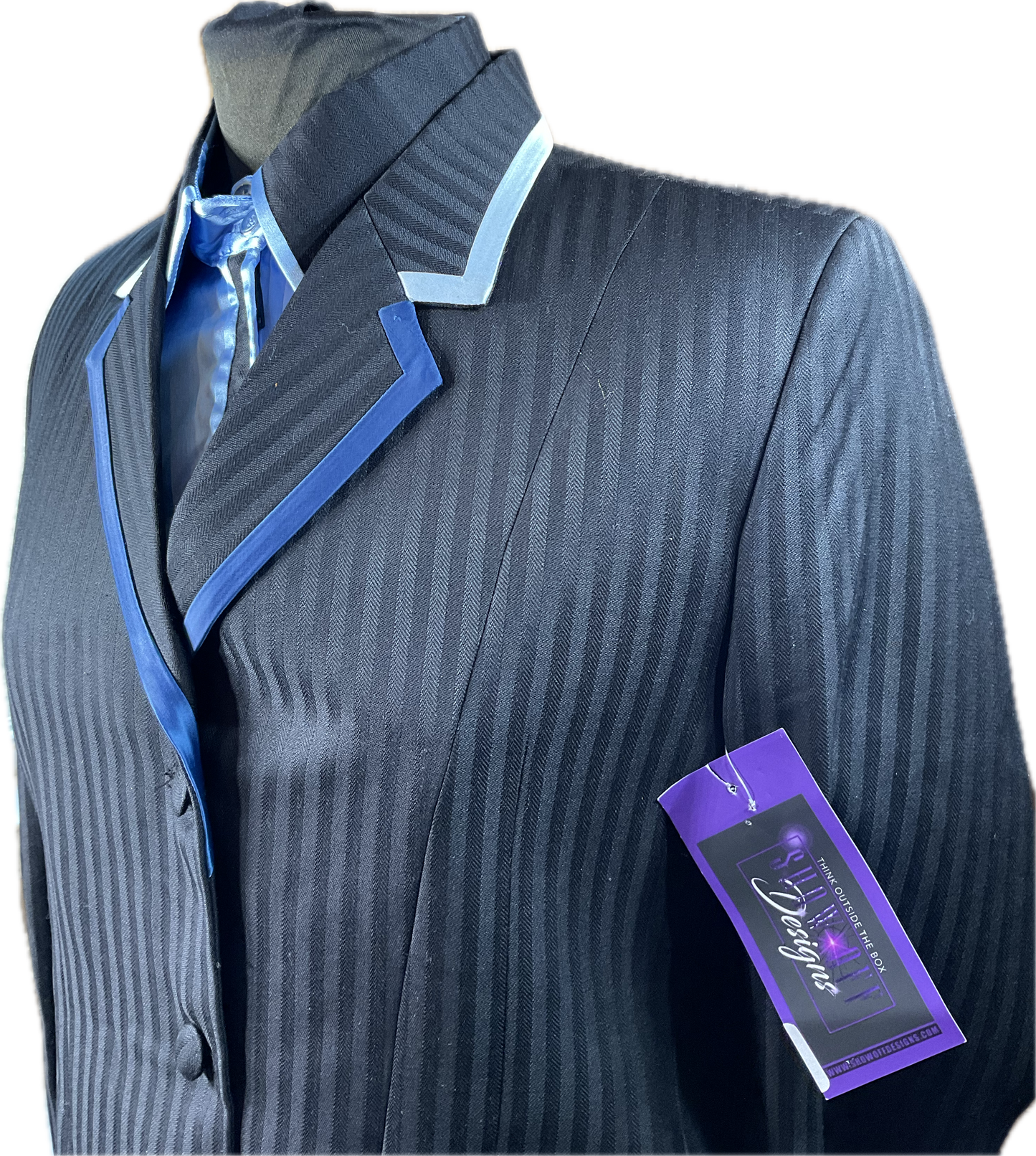 *38 Bust* Black pinstripe blue trims showmanship jacket with matching shirt. Hidden zippers behind the buttons.