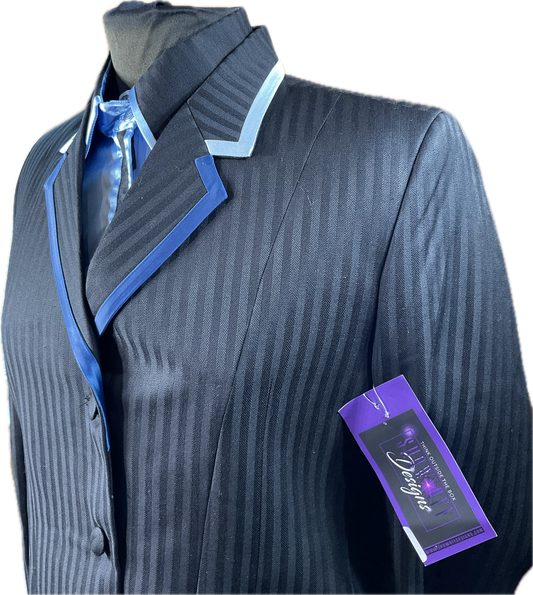 *38 Bust* Black pinstripe blue trims showmanship jacket with matching shirt. Hidden zippers behind the buttons.