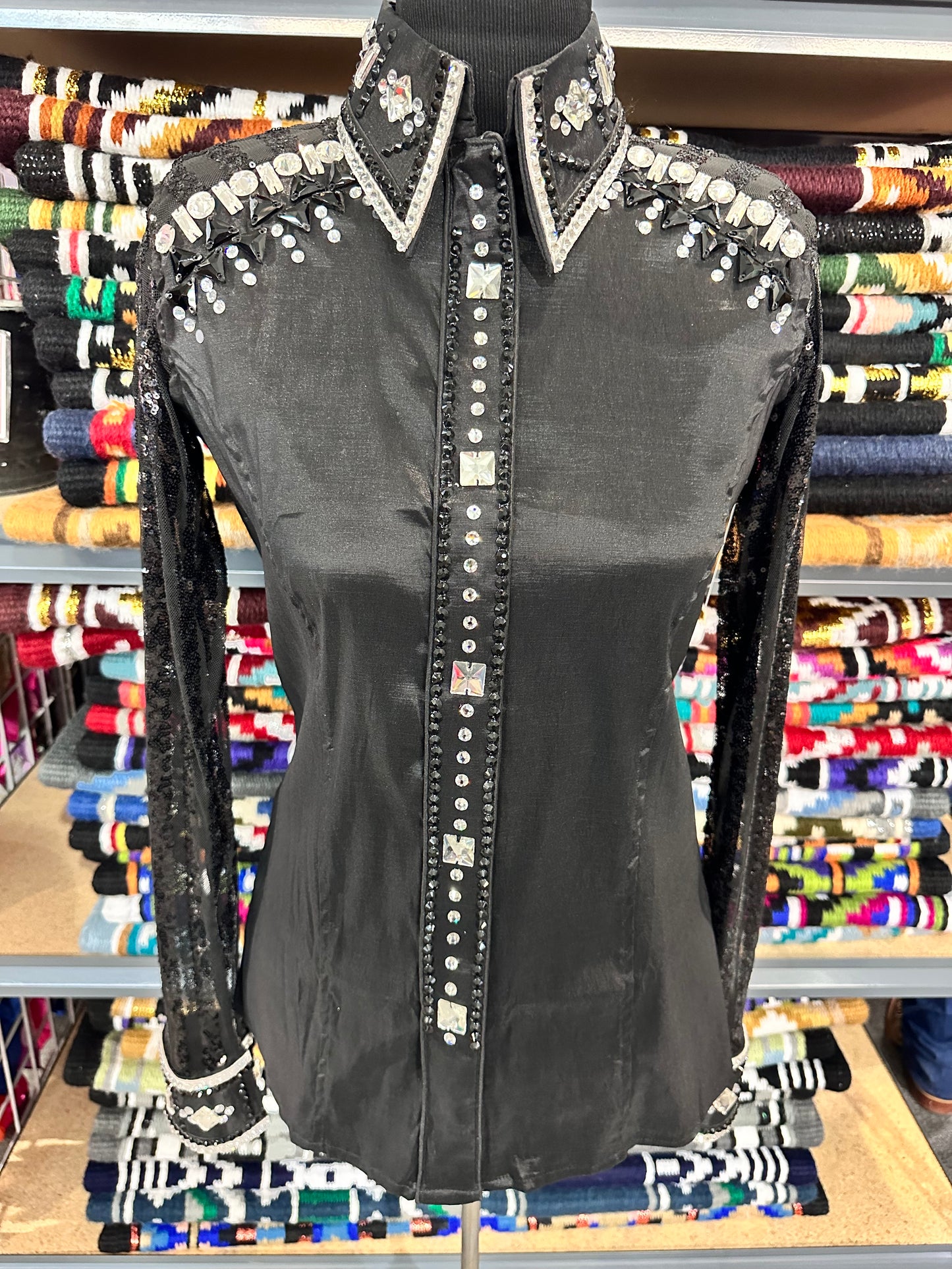 Day Shirt  Size Medium black stretch taffeta base with hidden zipper. black on black with sheer lace sleeves