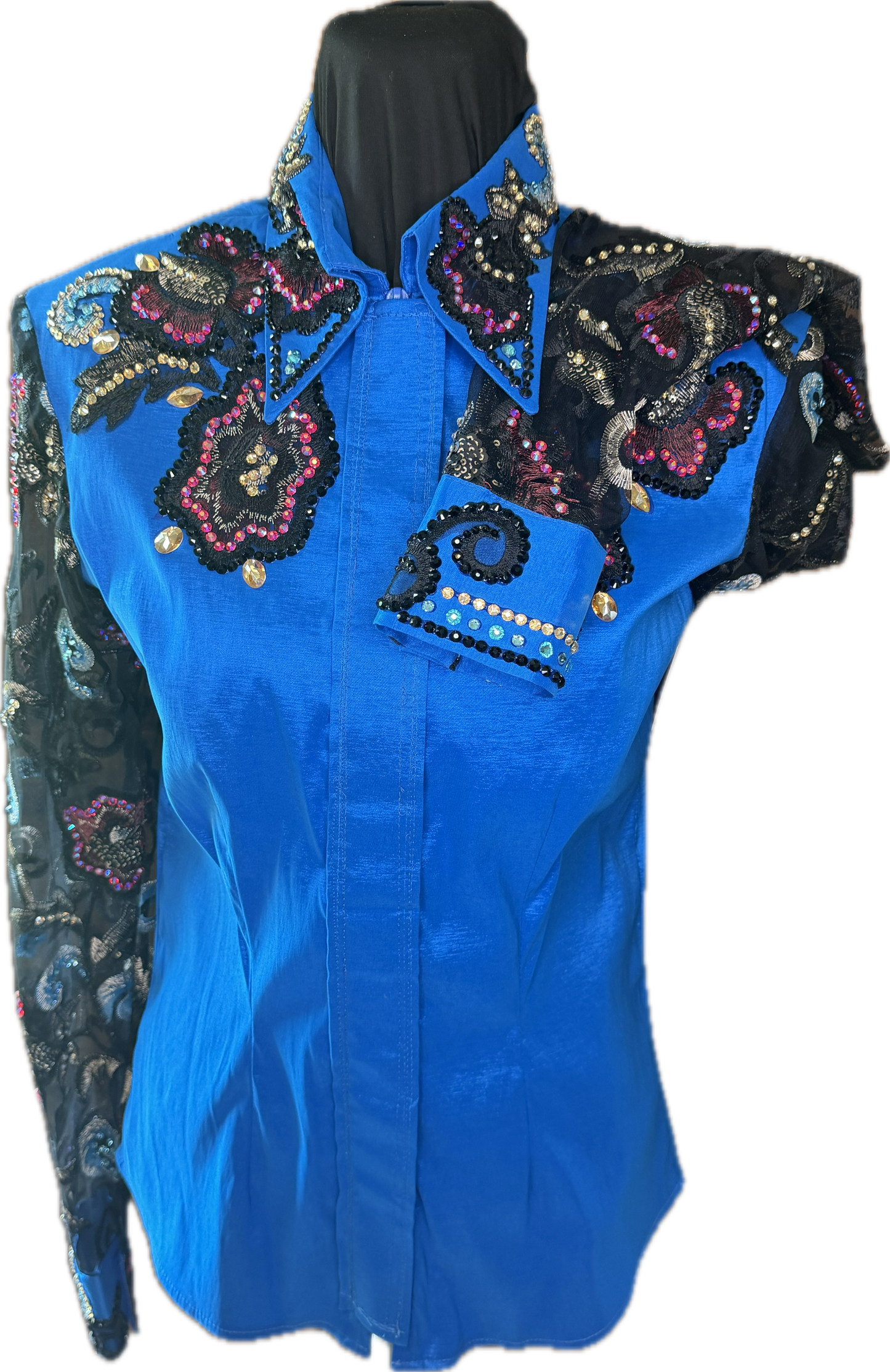 Medium Show Turquoise and Floral Stretch Taffeta Day Shirt with Sheer Sleeves