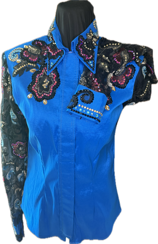 Medium Show Turquoise and Floral Stretch Taffeta Day Shirt with Sheer Sleeves