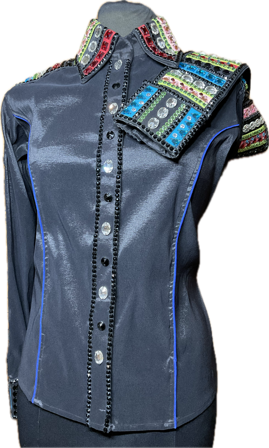 Size Large black stretch taffeta day shirt with red, lime green and teal accents