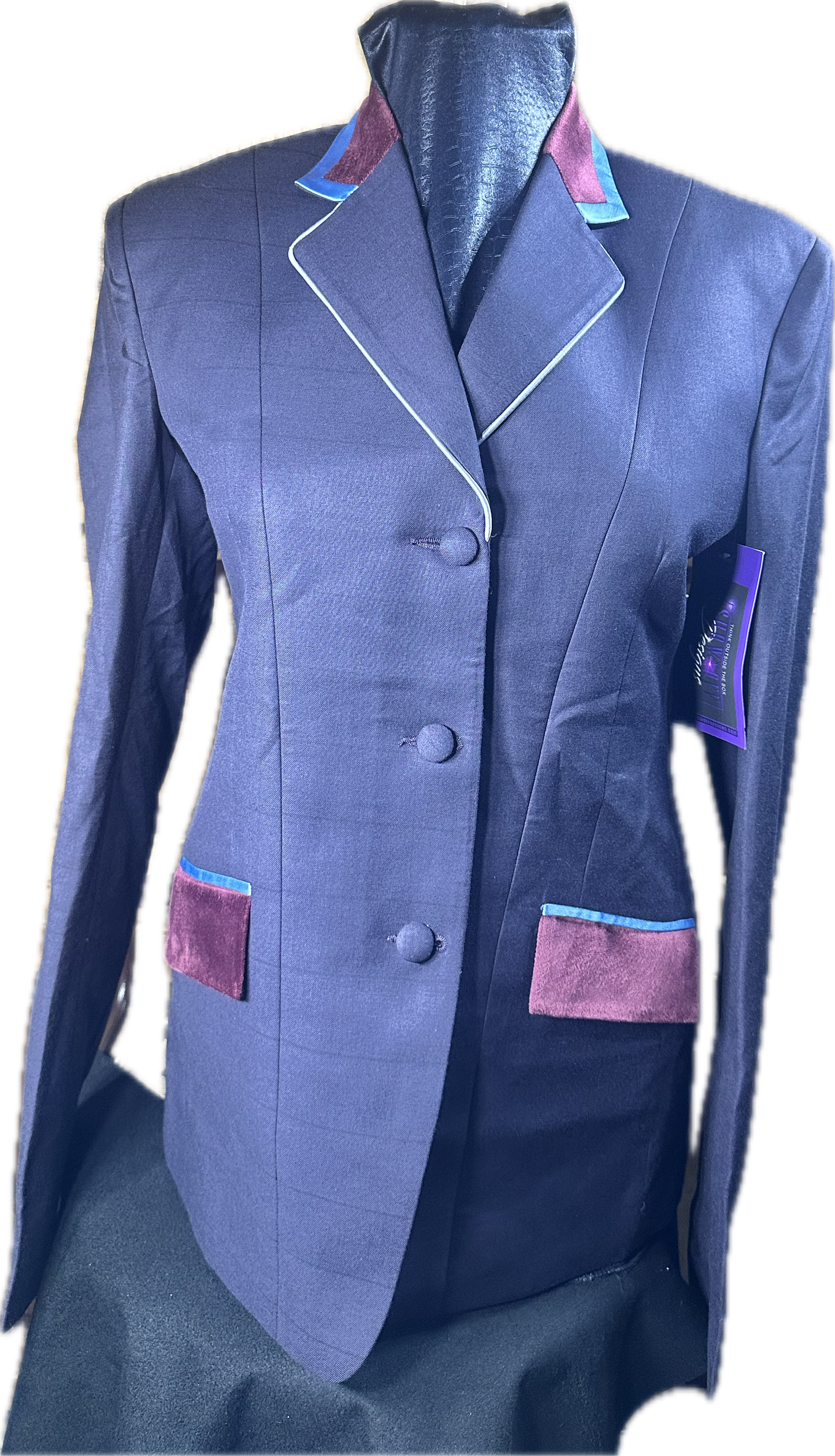 *33 Bust* Plum with plum and sky blue trims. Hidden zipper behind the buttons.