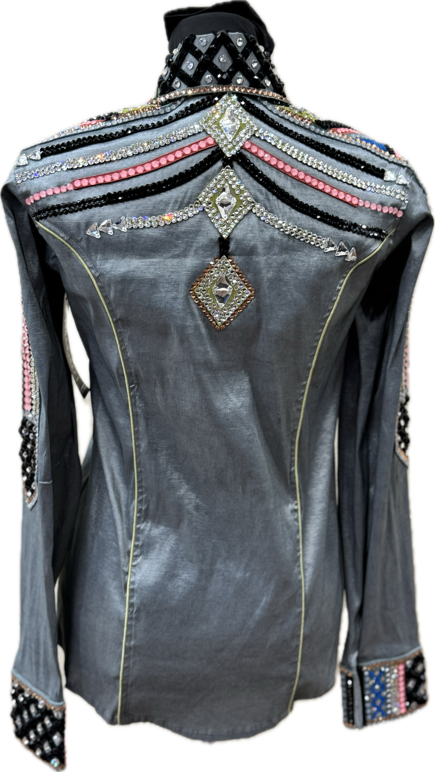 Size Small Light Grey Stretch Taffeta with Coral, Lime Green, Neon Blue and Black Accents