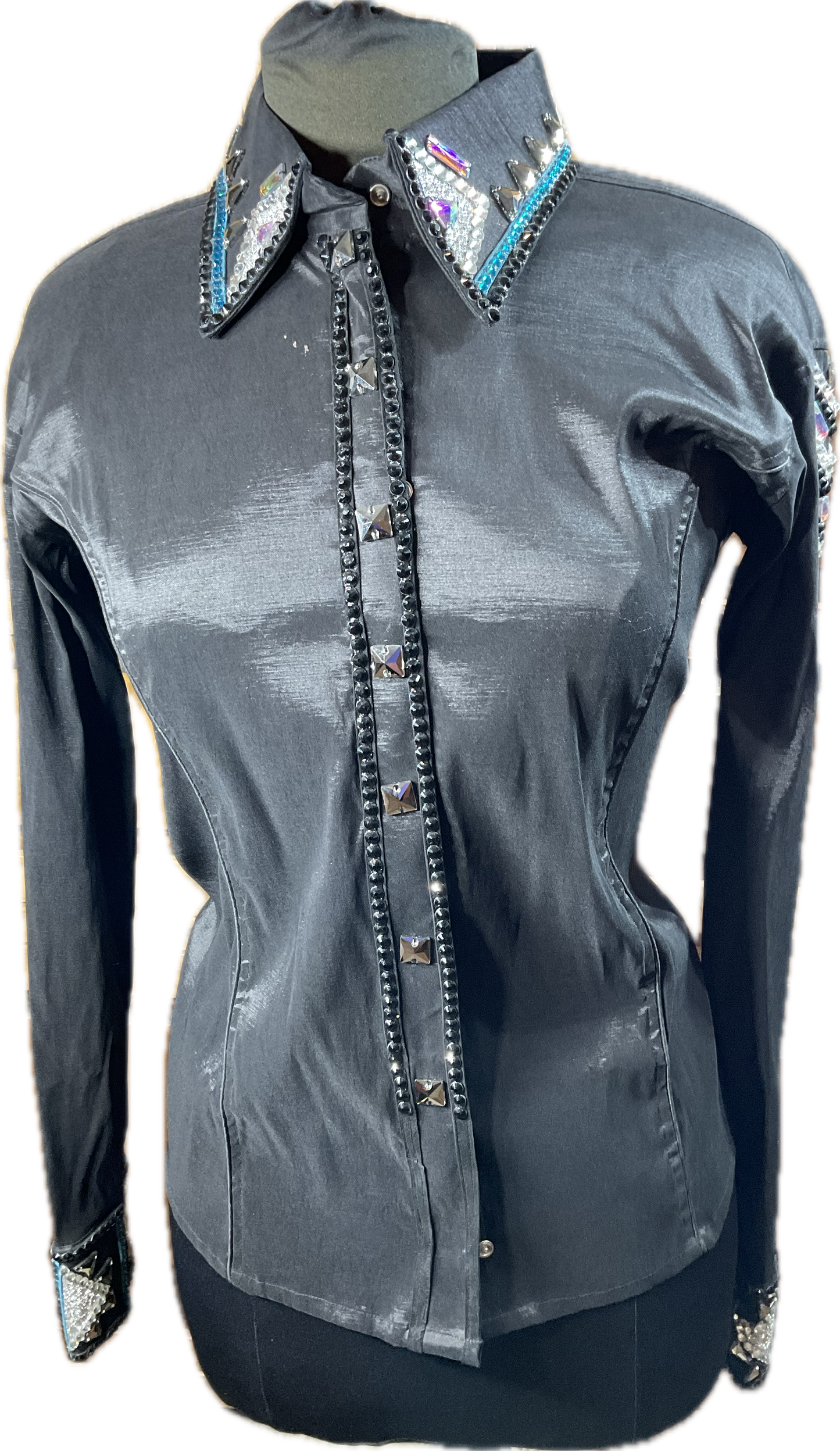 XL Day Shirt Black stretch taffeta with silver and blues