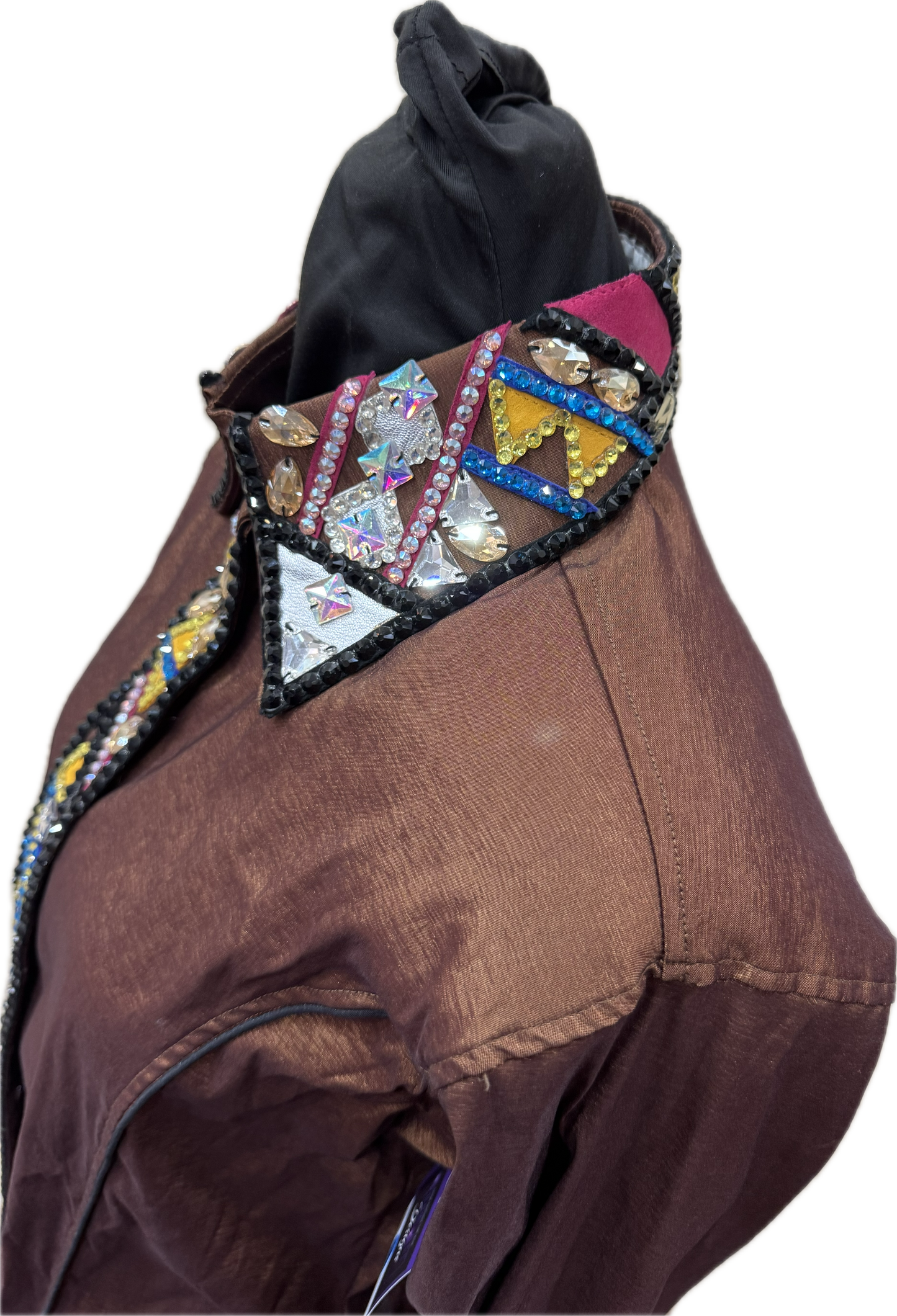 Size Medium Dark Copper stretch taffeta with black, pink, royal and yellow accents