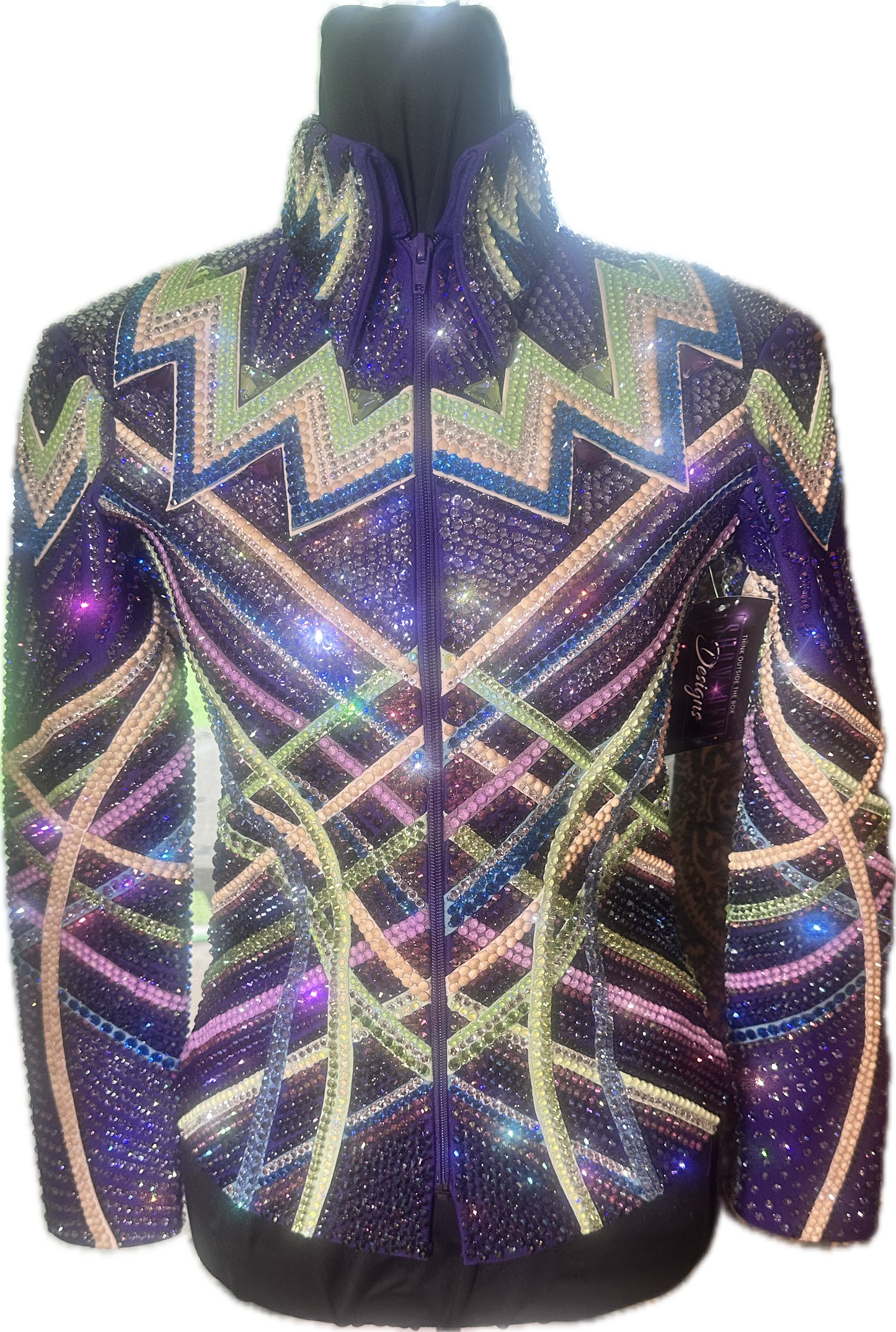 Kids Purple Showmanship Jacket with Pants. Blue, Green and Cream