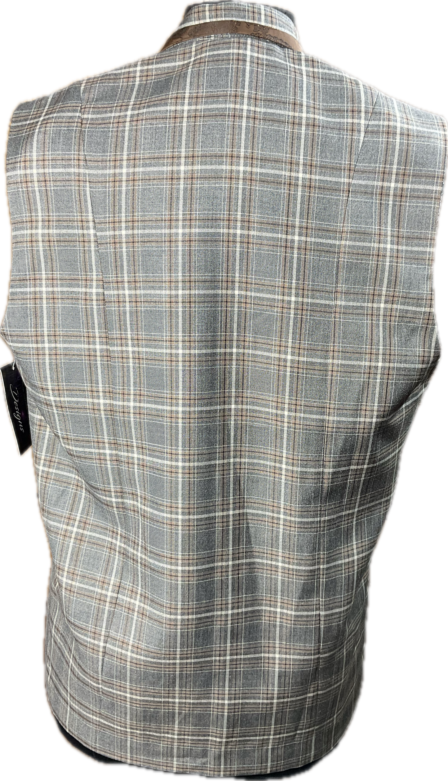 *42 Bust* Grey, brown and cream plaid with brown paisley trims