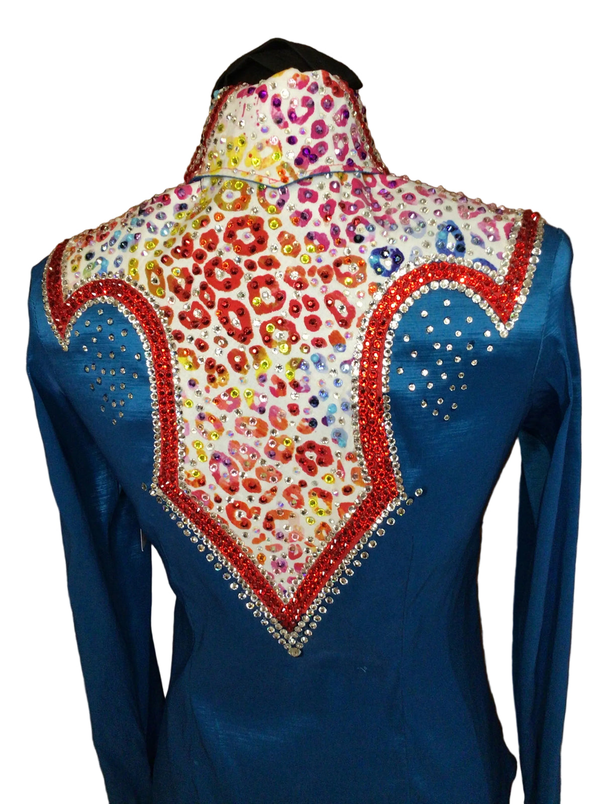 XS Turquiose Stretch Taffeta Day Shirt with Colorful Leopard Print Red Details