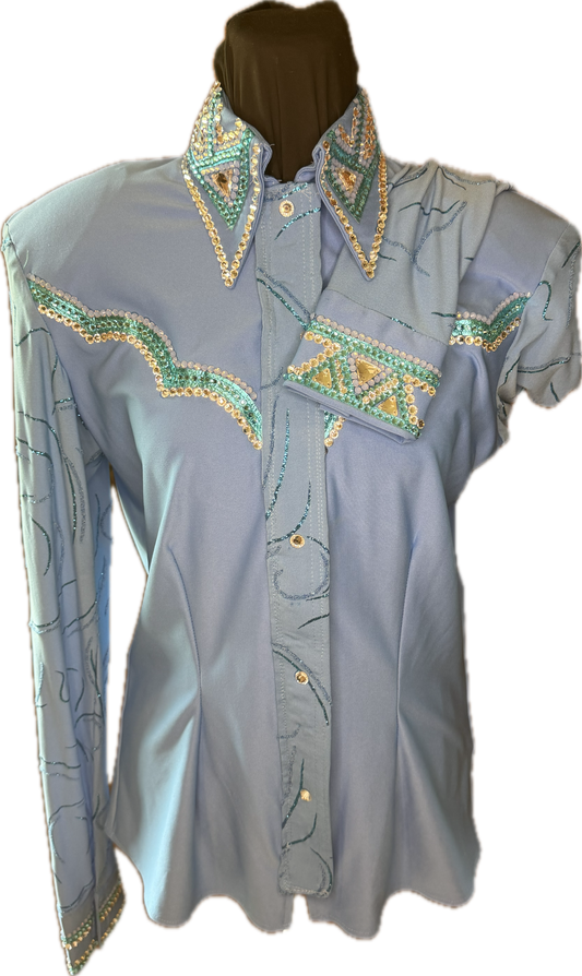 Medium Light Blue Stretch Lycra with Turquoise Retro Design
