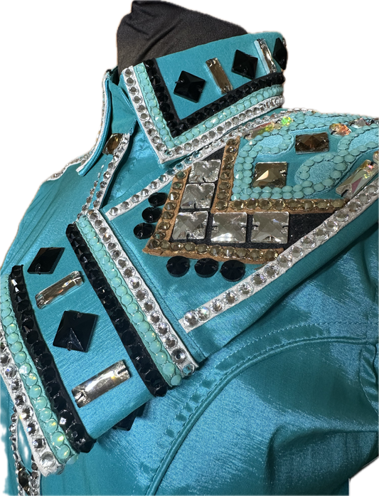 Size Medium Bright Teal Stretch Taffeta Day Shirt with Black, Gold and Mint