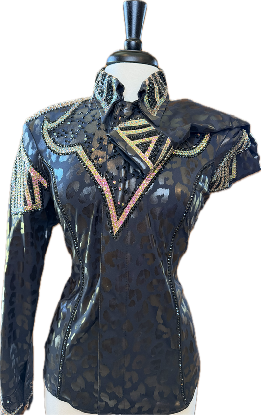 Size Large Black Cheetah Stretch Lycra Day Shirts with GORGEOUS Crystal Accents