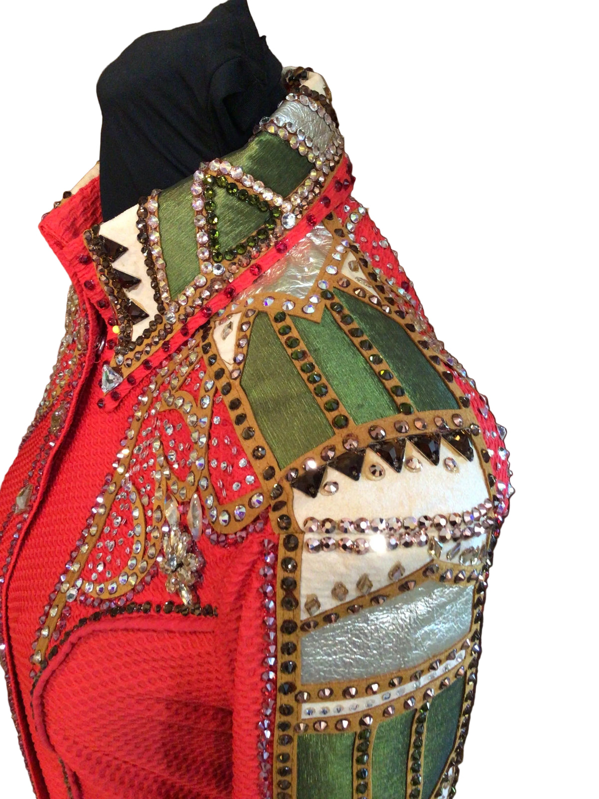 Medium Red Textured Stretch Lycra with Green and Silver Shoulder and Sleeve Details
