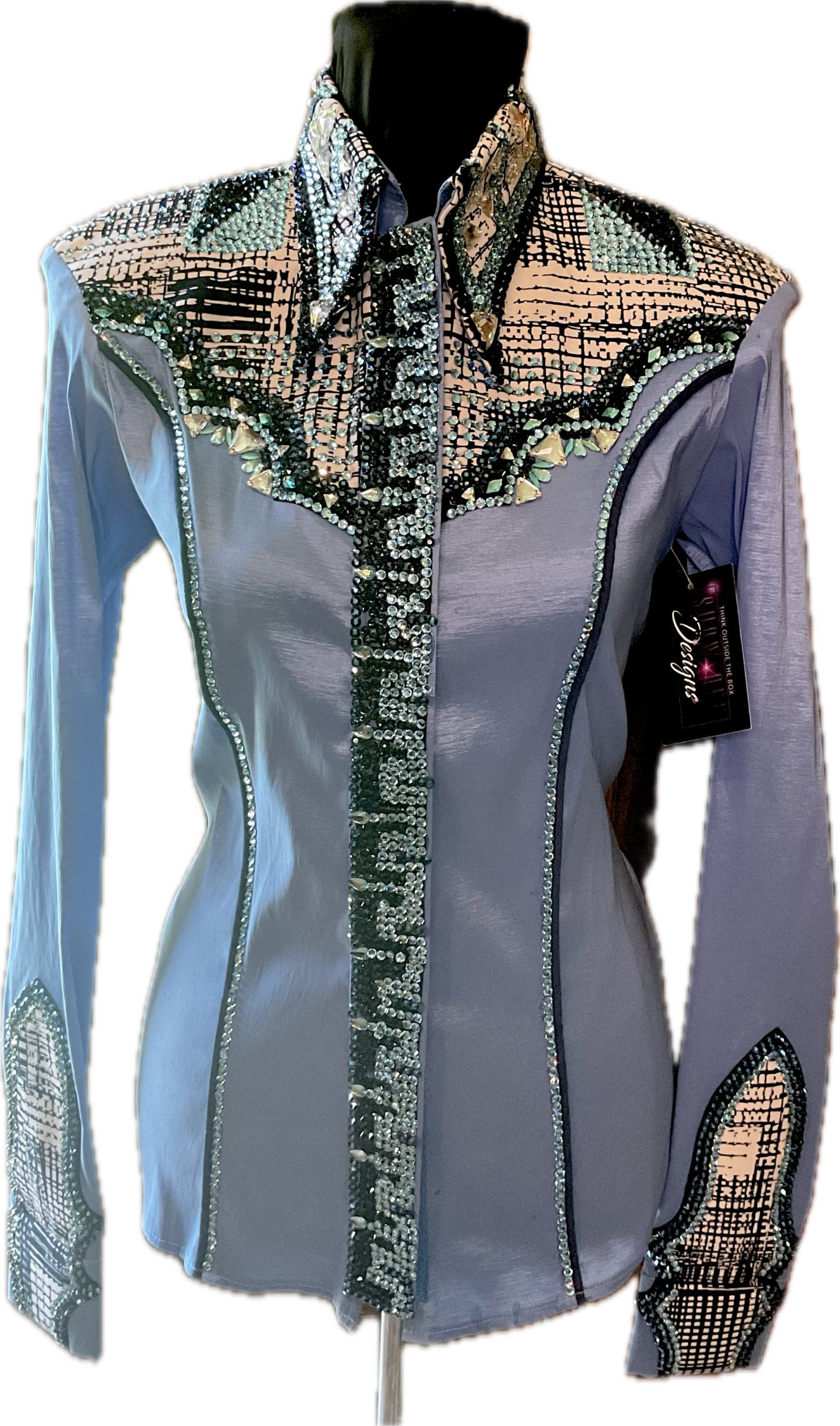 Size Small Light Blue Striped Stretch Taffeta Day Shirt with Black and Aqua Detail