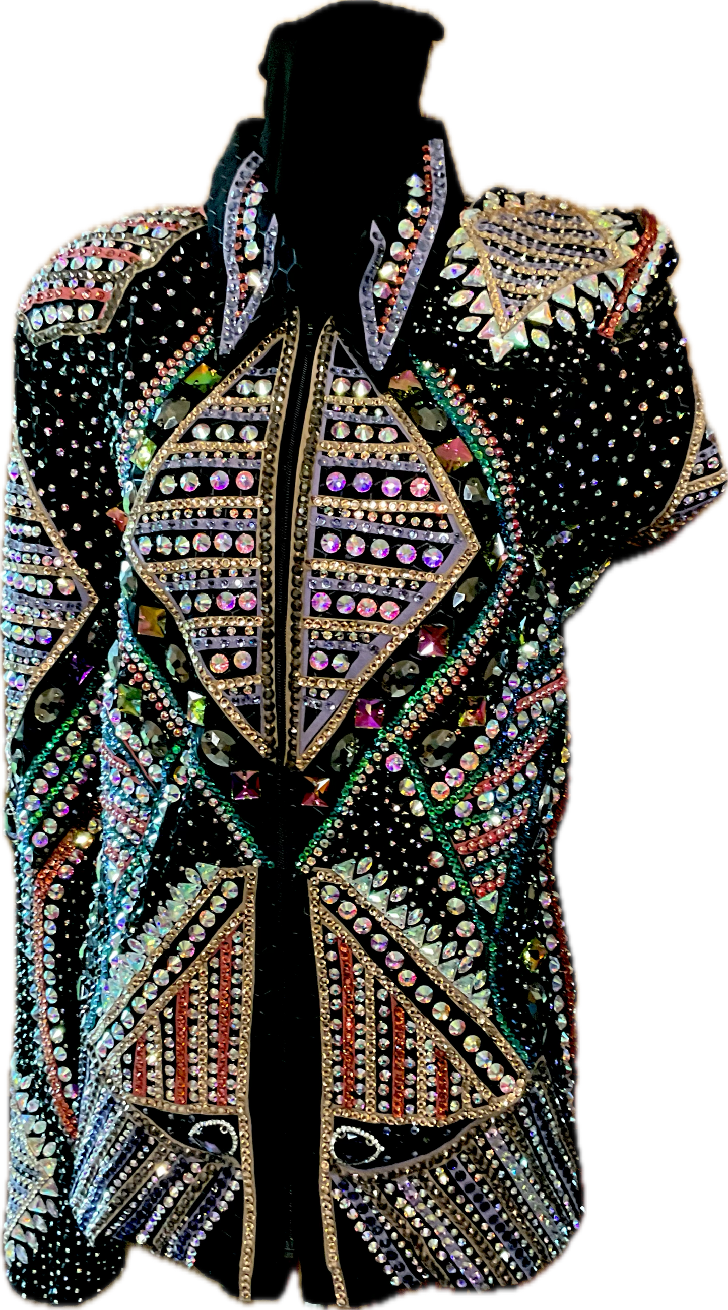 XXL Showmanship Black Textured Jacket with Coral, Green, Cooper, and Gold Detailing