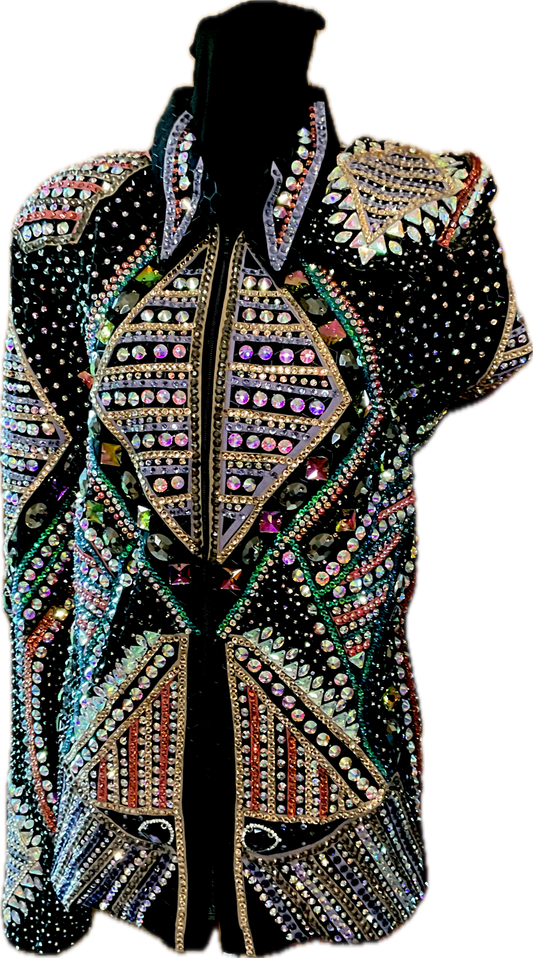 XXL Showmanship Black Textured Jacket with Coral, Green, Cooper, and Gold Detailing