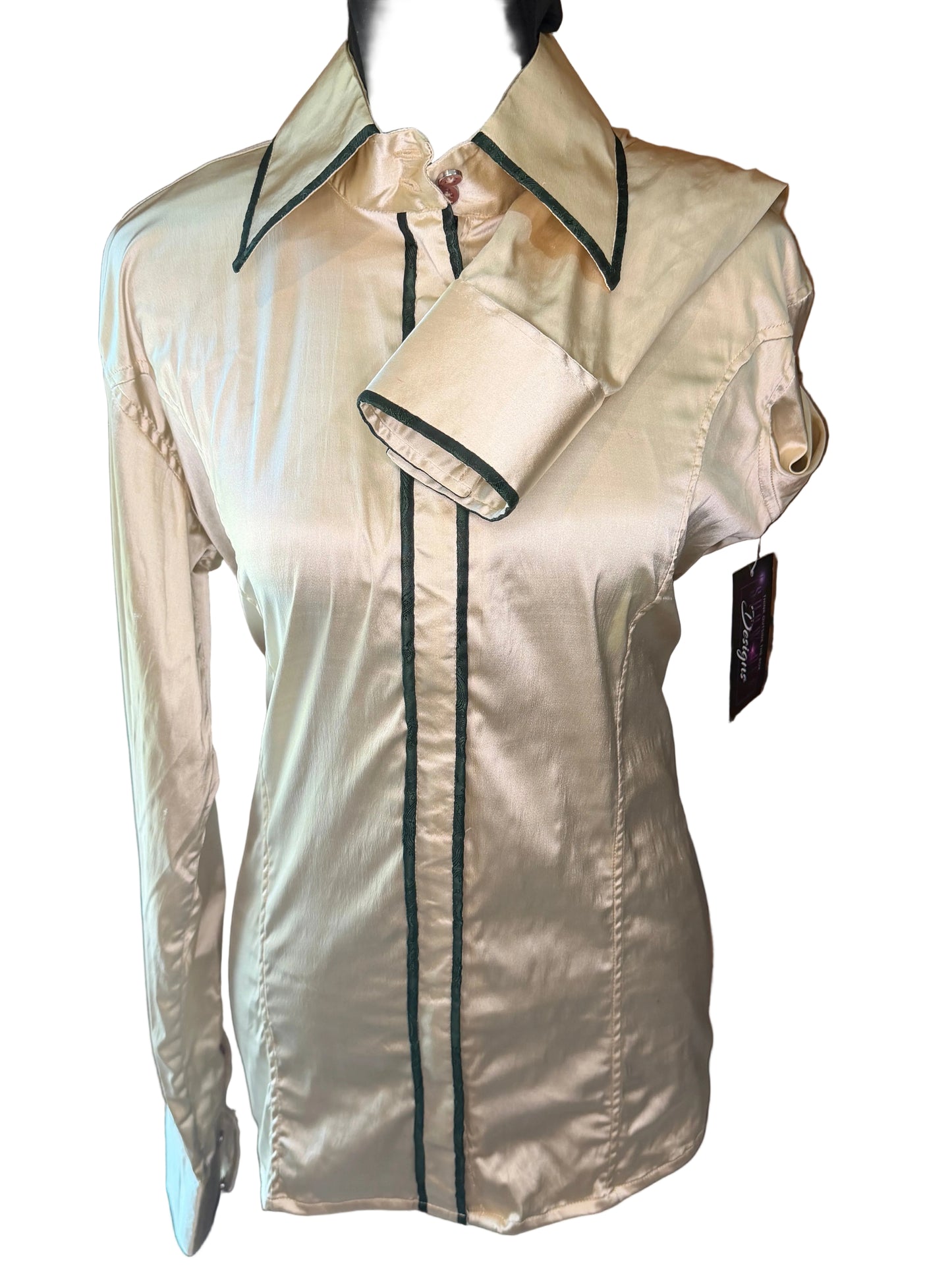 **Bust 38** Western Stretch Satin Shirt **Hidden Zipper Front** Gold/Deep Hunter Green