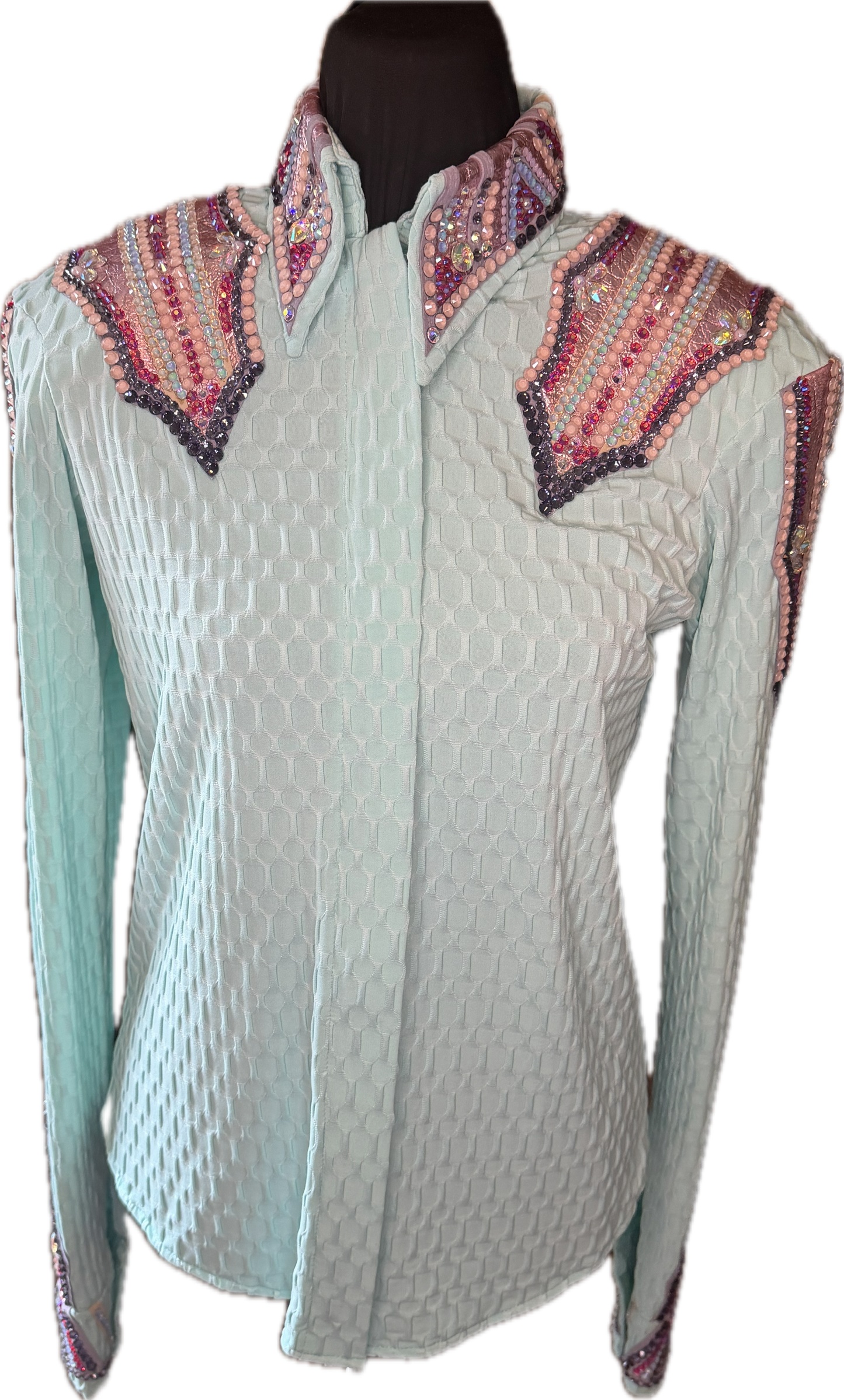 Size small day shirt Mint Green Textured Fabric with Pink. Stretch!