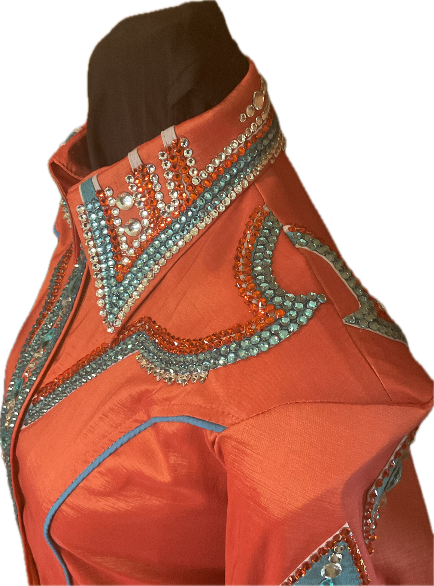 Size Medium Orange Stretch Taffeta Day Shirt with Aqua and Silver Details