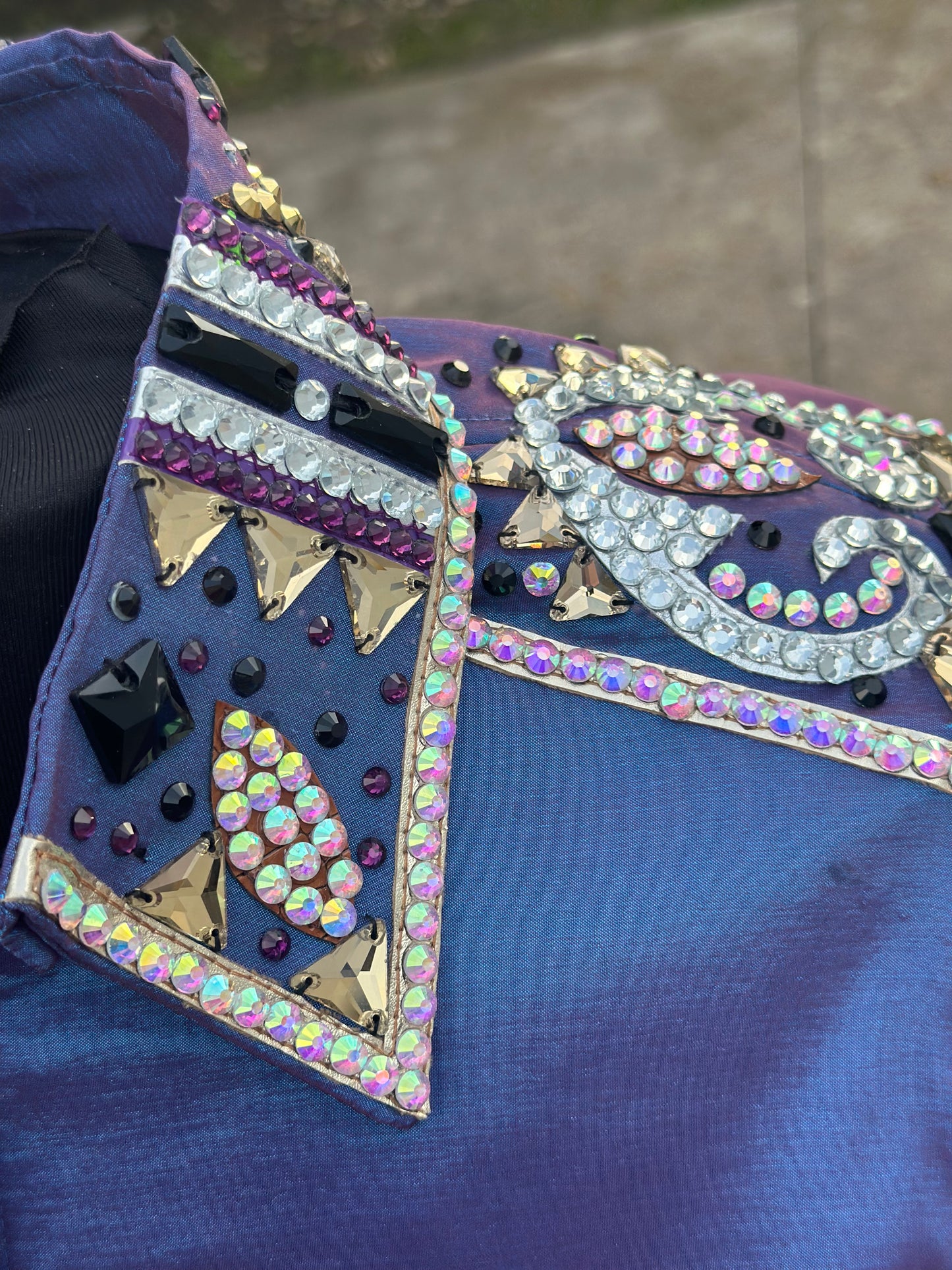 Size Large royal purple sheen stretch taffeta hidden zipper blues, silver and gold