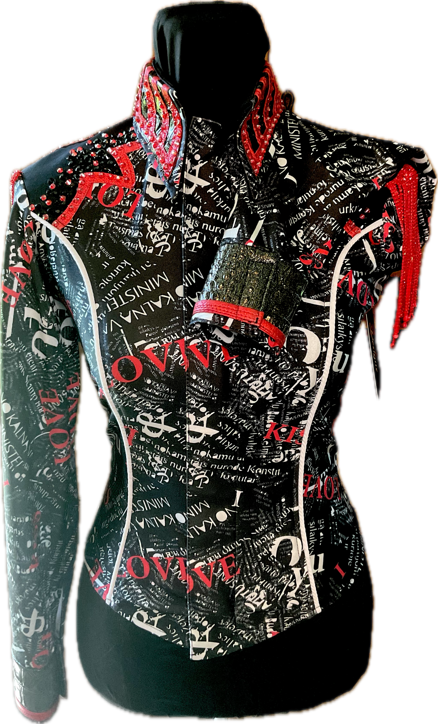 Kids 14 Black Stretch Lycra Day shirt with Red Fringe and White Details
