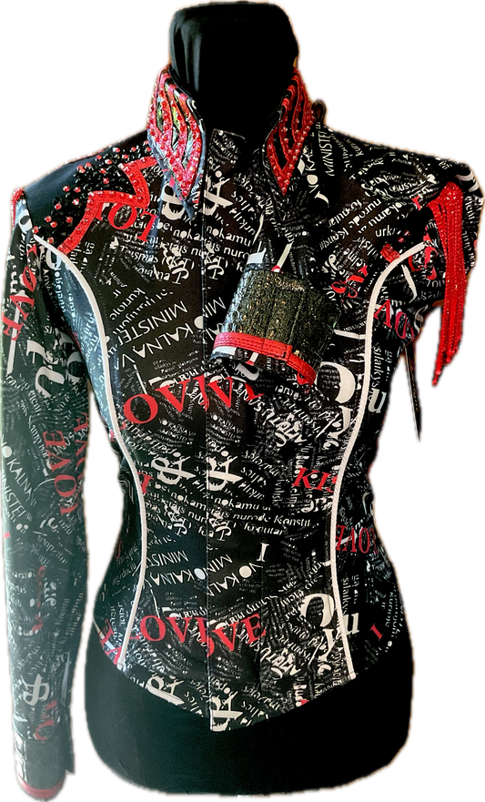 Kids 14 Black Stretch Lycra Day shirt with Red Fringe and White Details