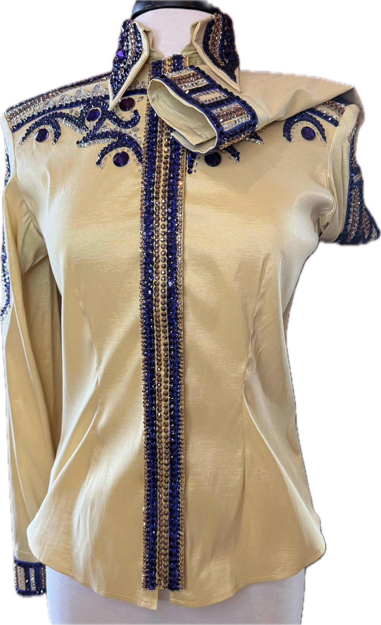 Size medium day shirt gold stretch taffeta with purple retro design