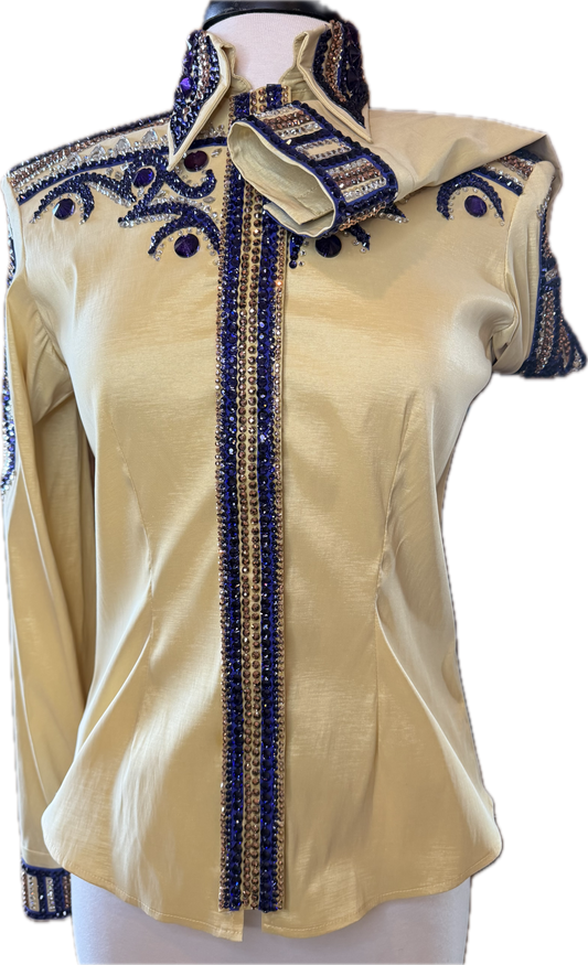 Size medium day shirt gold stretch taffeta with purple retro design