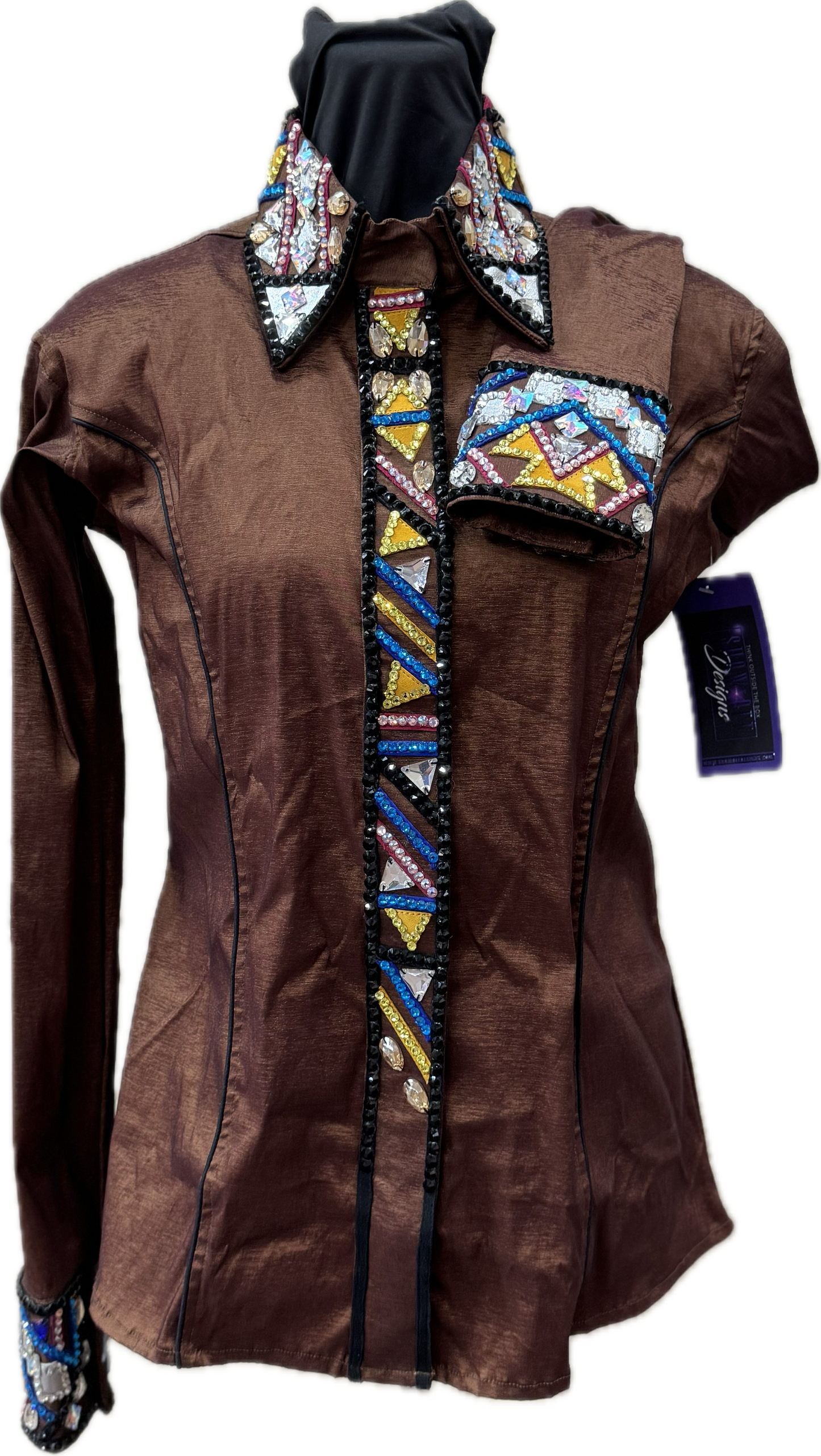 Size Medium Dark Copper stretch taffeta with black, pink, royal and yellow accents