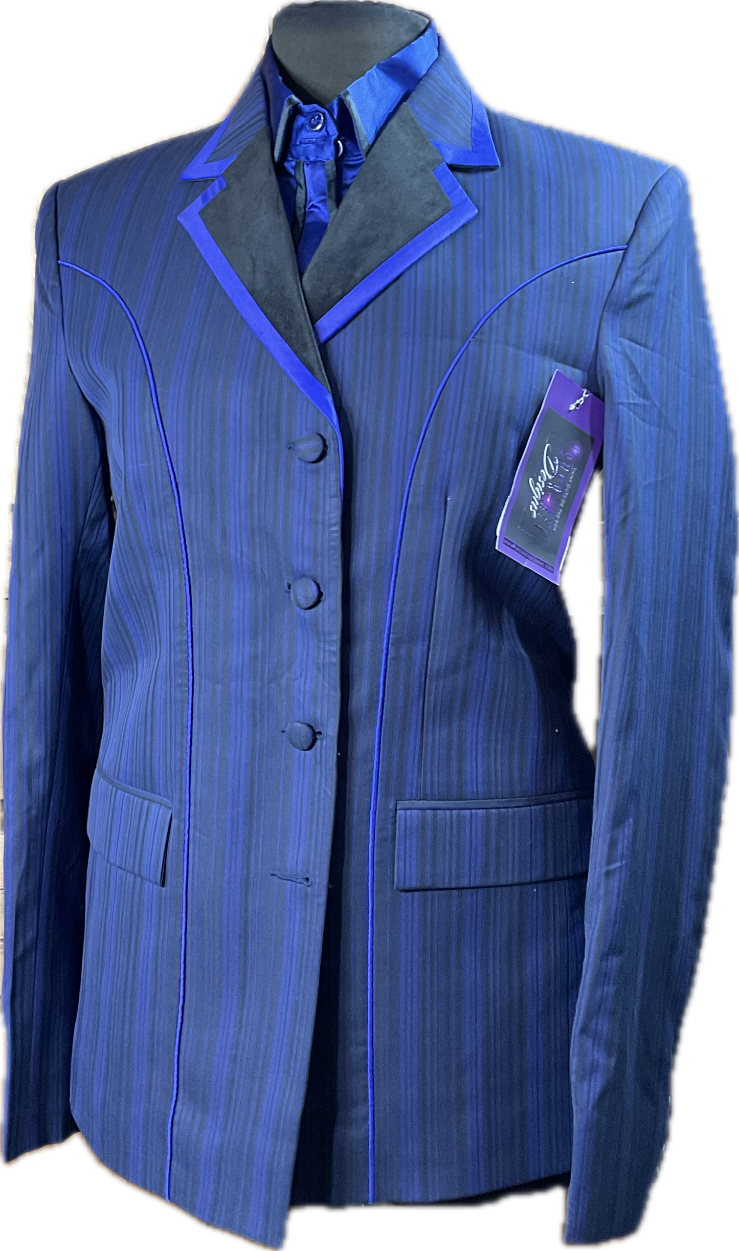 *37 Bust* Navy and black trims showmanship jacket with matching royal blue shirt. Hidden zippers behind the buttons.