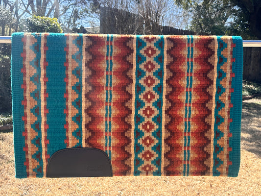 B142 Oversized Saddle Blanket teal, rust, caramel, sheep skin, chocolate brown