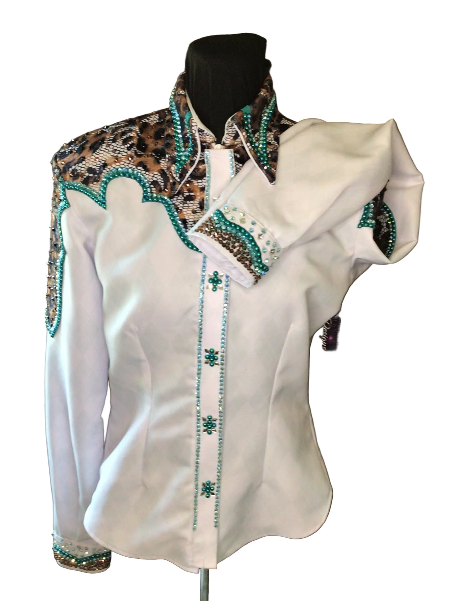 Small White and Cheetah Yoke Design. CowboyCouture Fabric for the body. Moisture wicking!