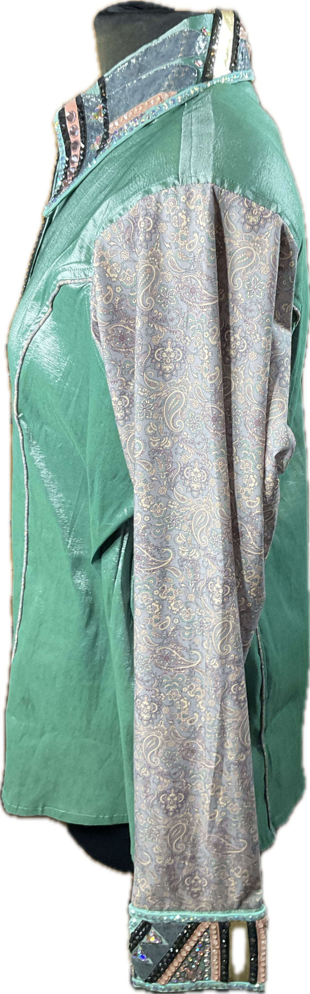 XXL Sage green stretch taffeta with grey and pink paisley sleeves