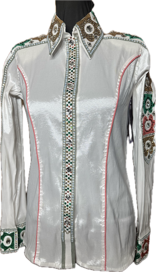 Small Stretch Taffeta White, Coral, Green and Gold Accents