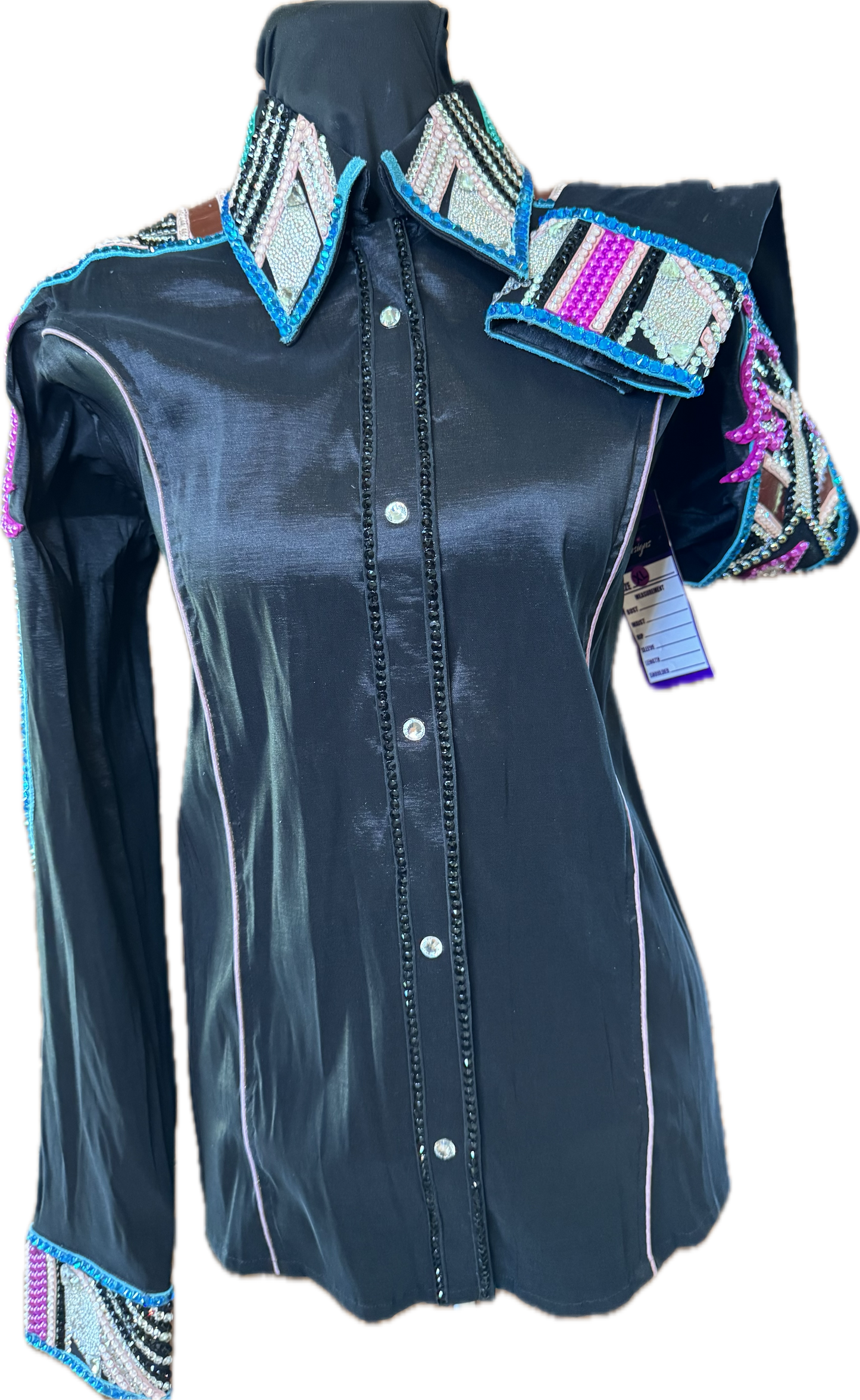 XL Black Stretch Taffeta with Turquoise, Teal, Pink and Mauve Accents