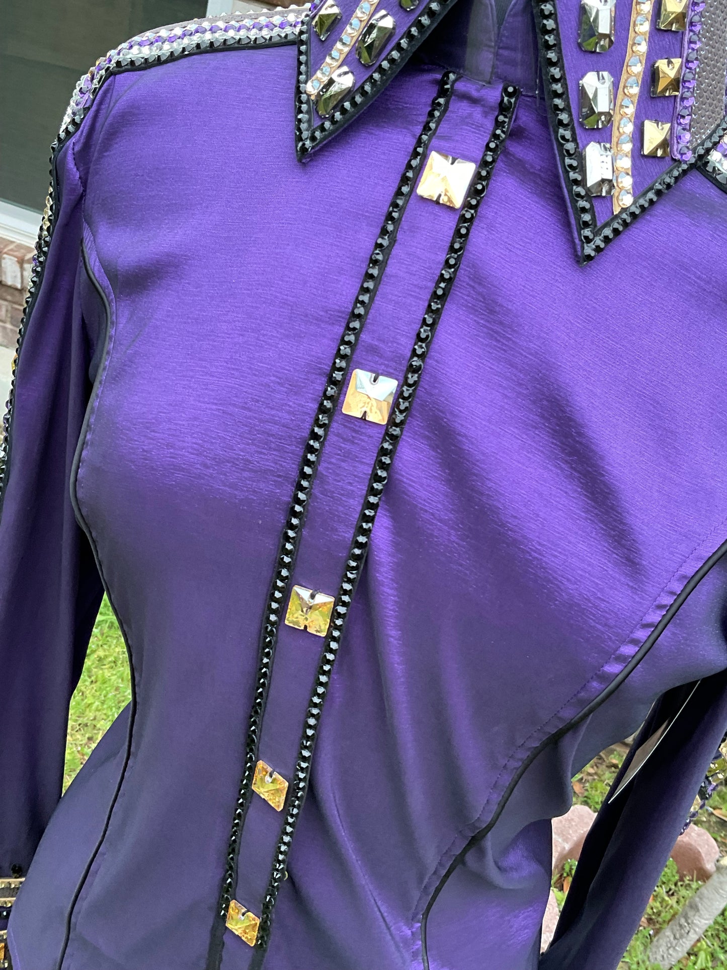 Size Large Dark Purple stretch taffeta with Black, Silver, and Gold