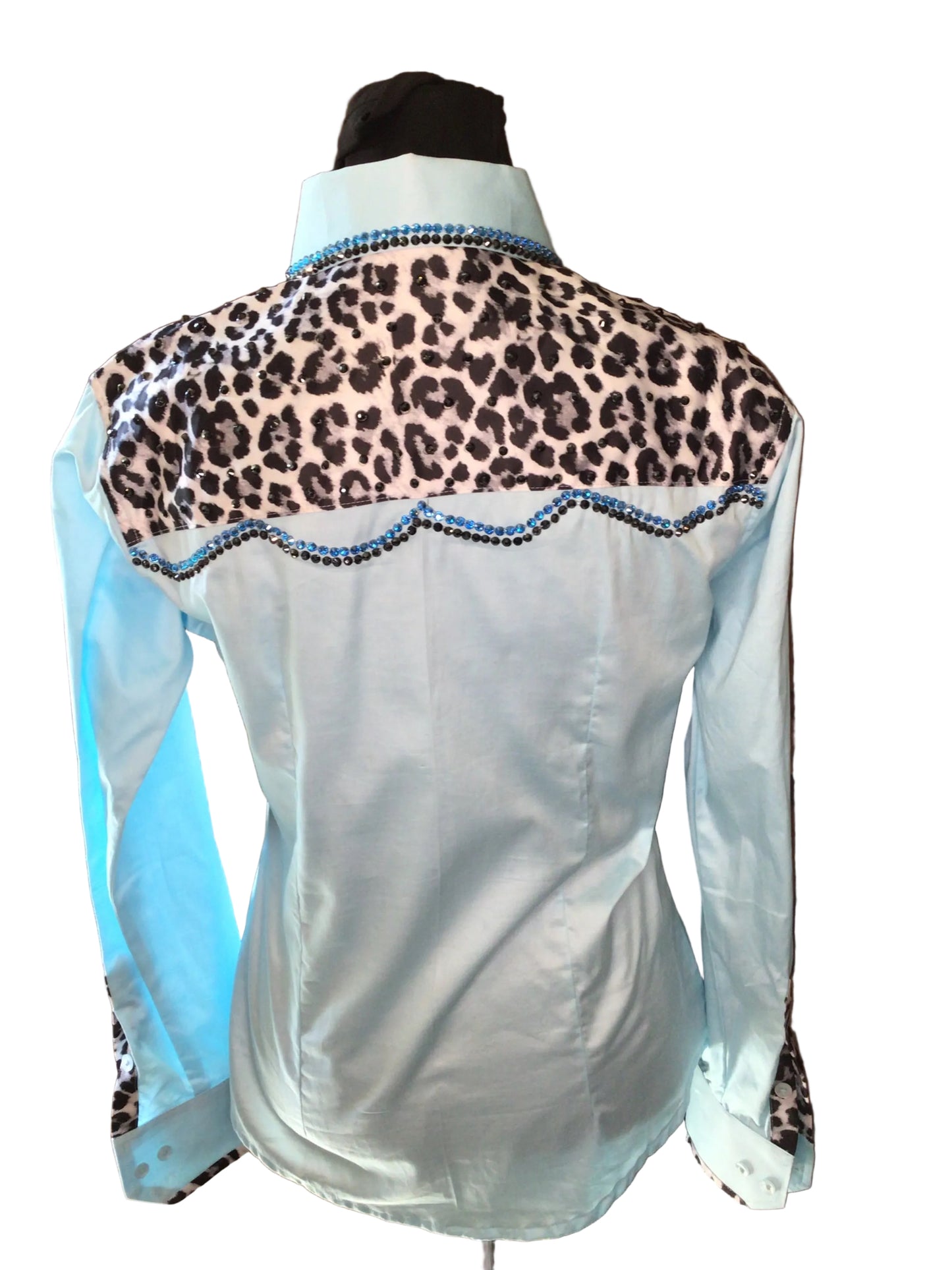 XS Light Blue Cotton Day Shirt. Button Front with Animal Print Yoke
