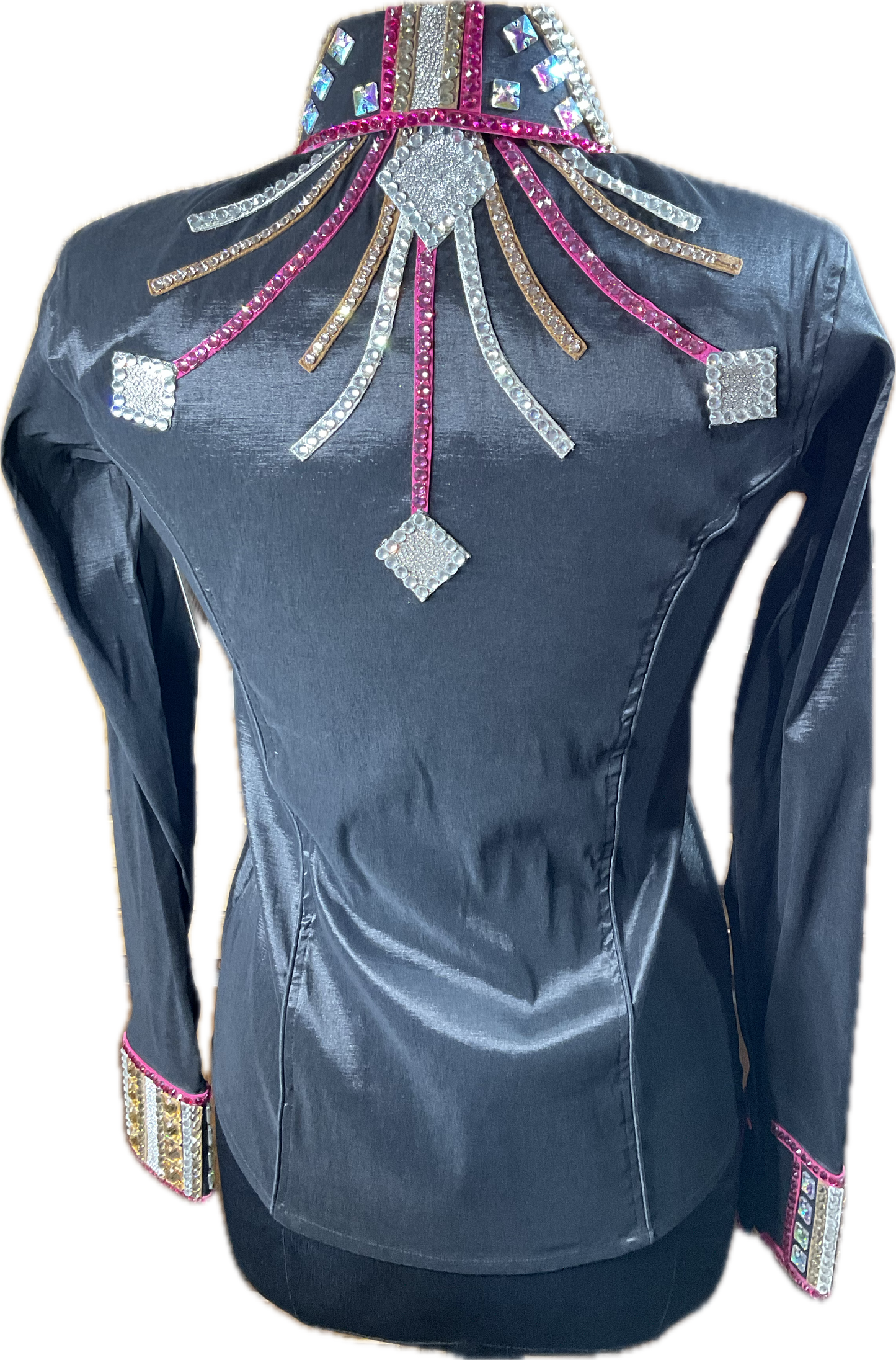 Small Black stretch taffeta day shirt with pink and gold designs