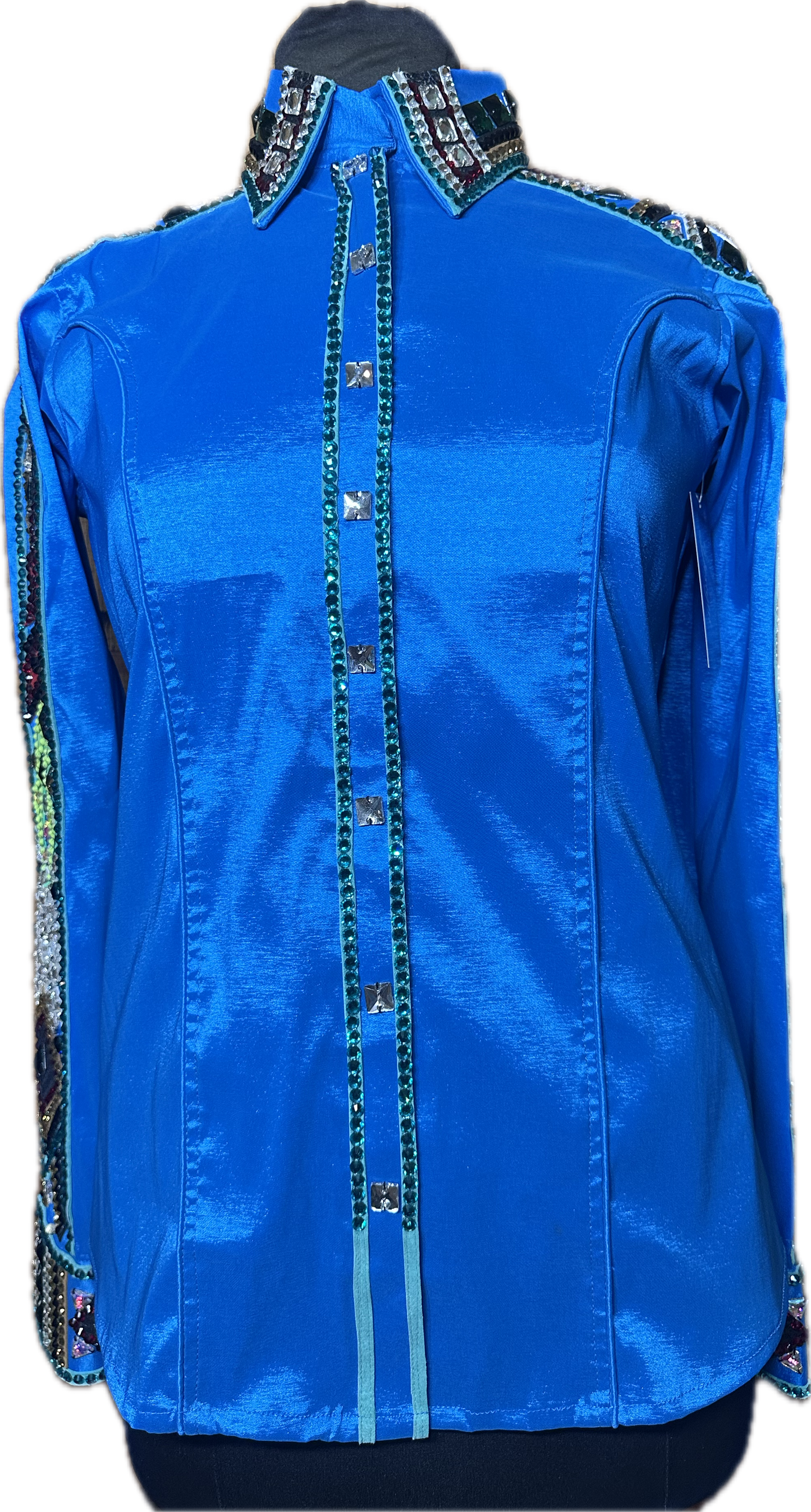 Size Medium Bright Turquoise Stretch Taffeta Day Shirt with Black, Gold, Red, Green and White