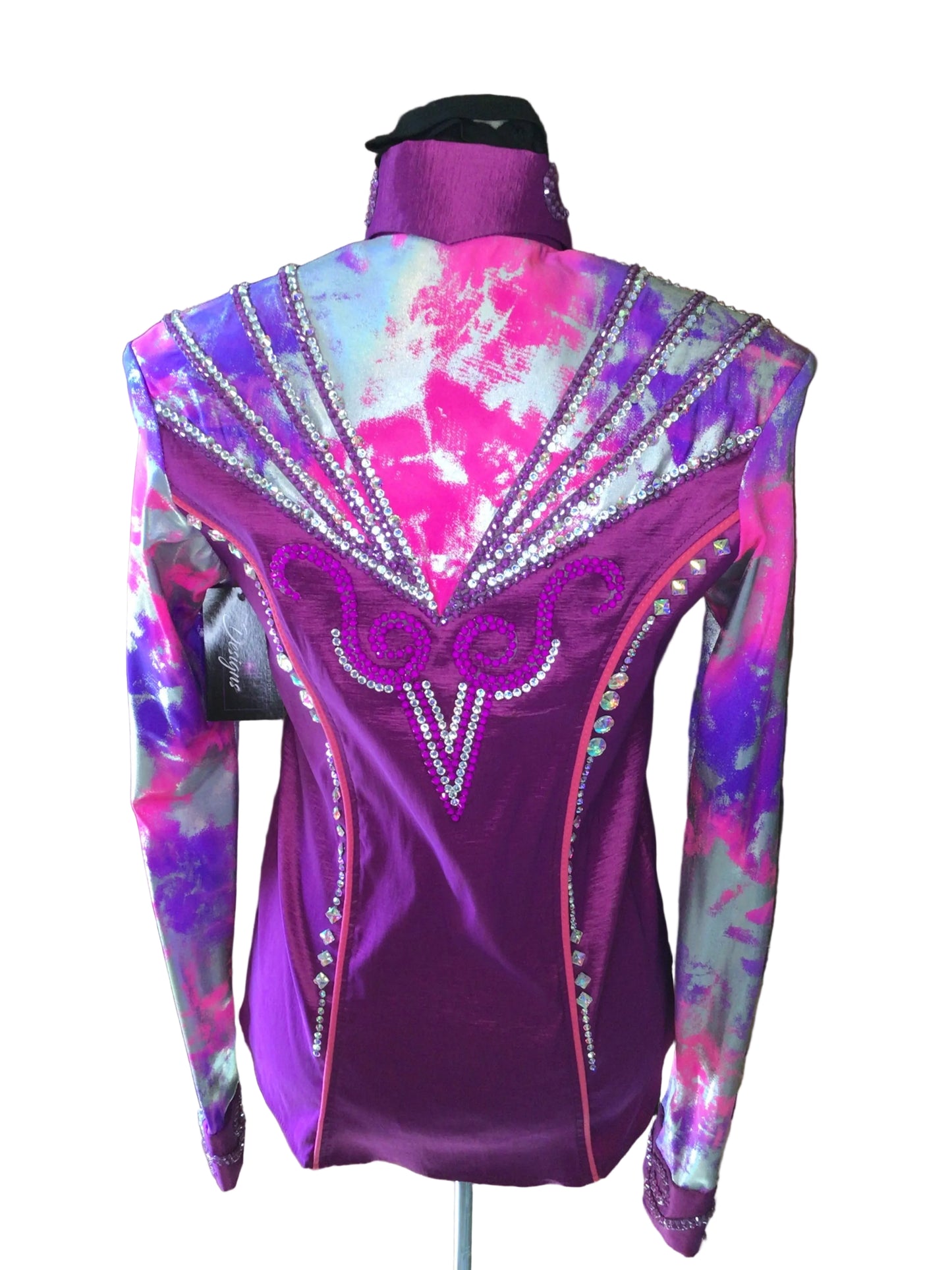 Small Dark Rose Stretch Taffeta with Pink and Purple Printed Design and Sleeves