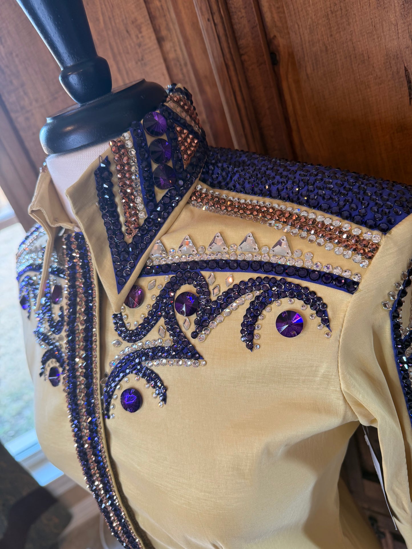 Size medium day shirt gold stretch taffeta with purple retro design