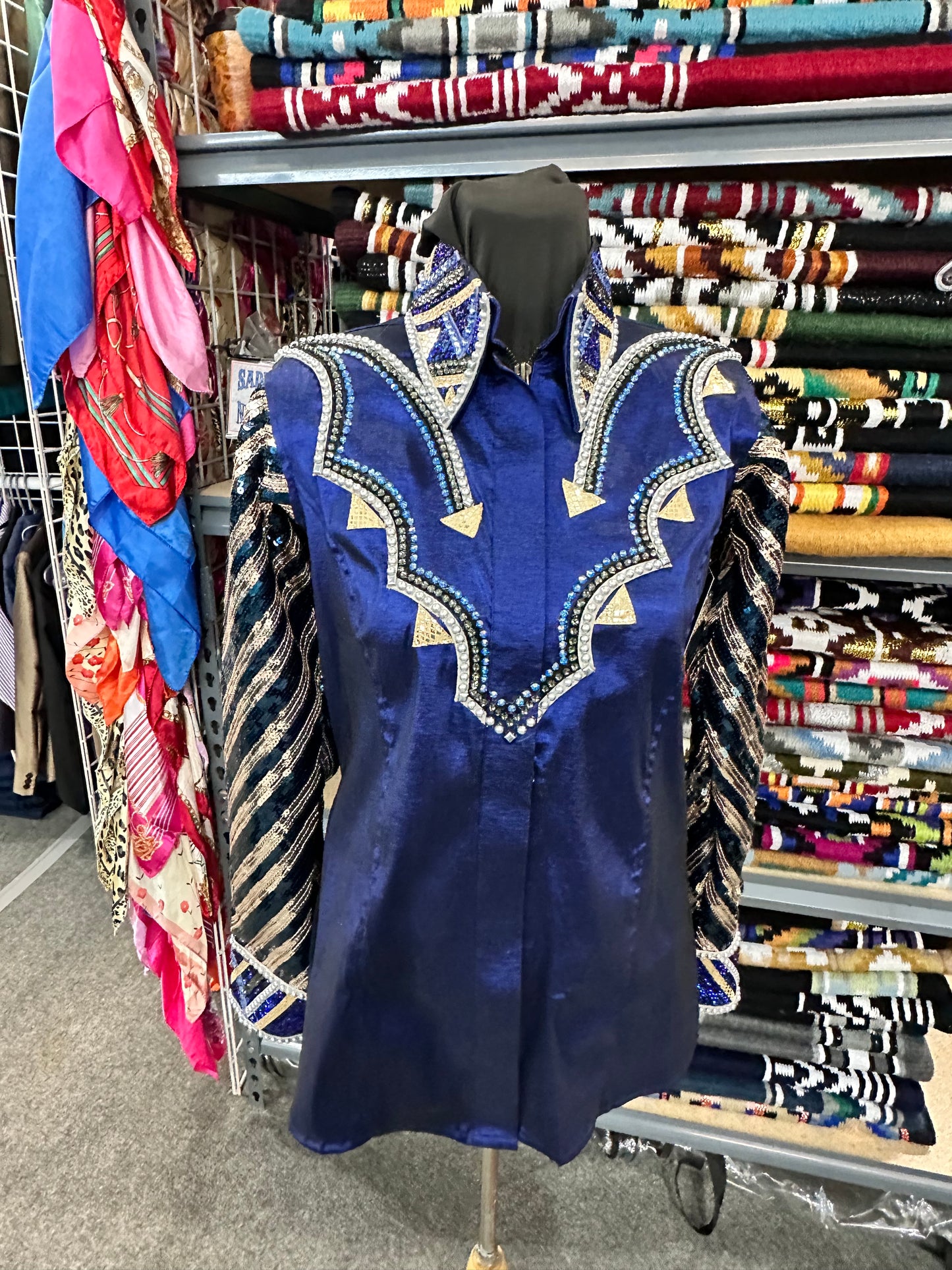 Day Shirt  Size Medium cobalt blue stretch taffeta base with hidden zipper. gold and white accents. Gorgeous sequin sleeves