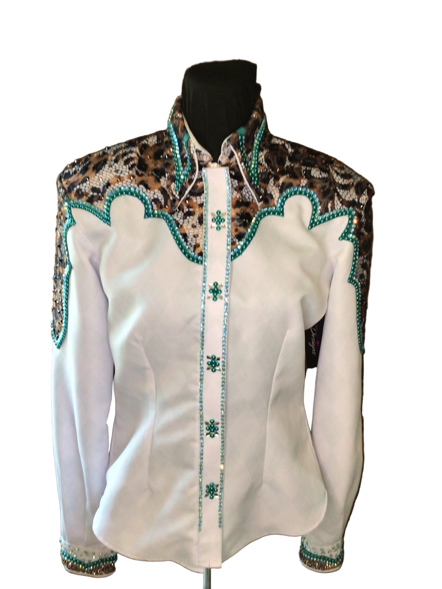Small White and Cheetah Yoke Design. CowboyCouture Fabric for the body. Moisture wicking!
