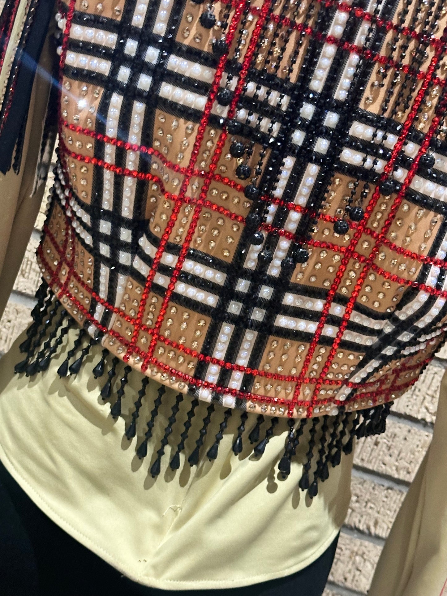 Extra Small Gold, and red plaid Bollero Vest WITH DETACHABLE FRINGE. back fringe and bottom fringe