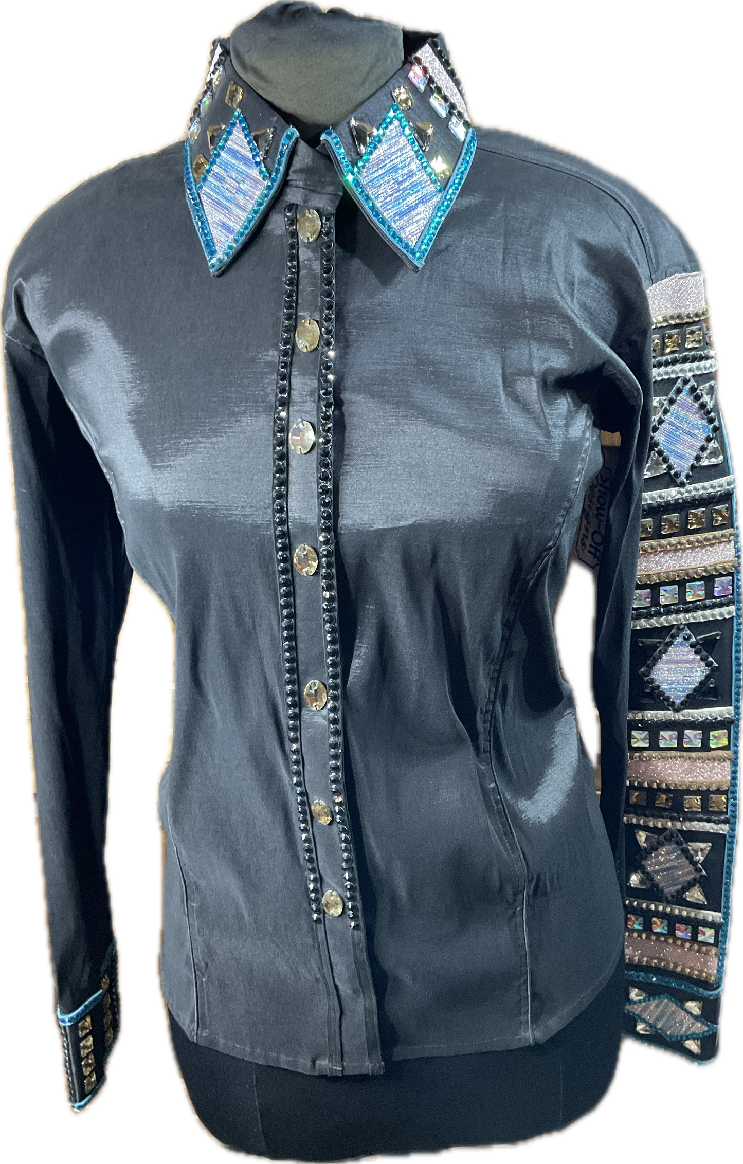 XL Day Shirt Black stretch taffeta with silver and blues